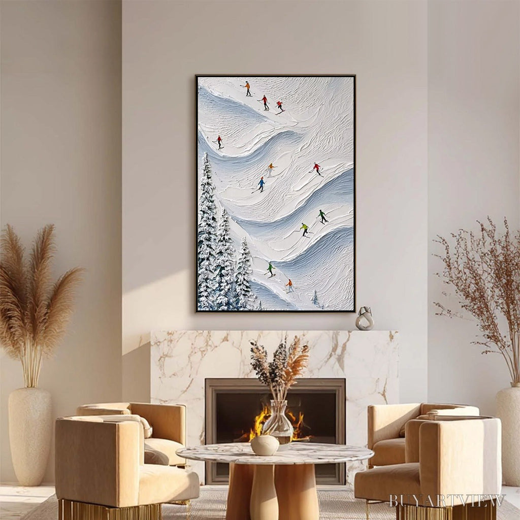 ARTOVITAS Alpine Rush – Textured Impasto Painting of Skiers on a Snowy Mountain - image 2