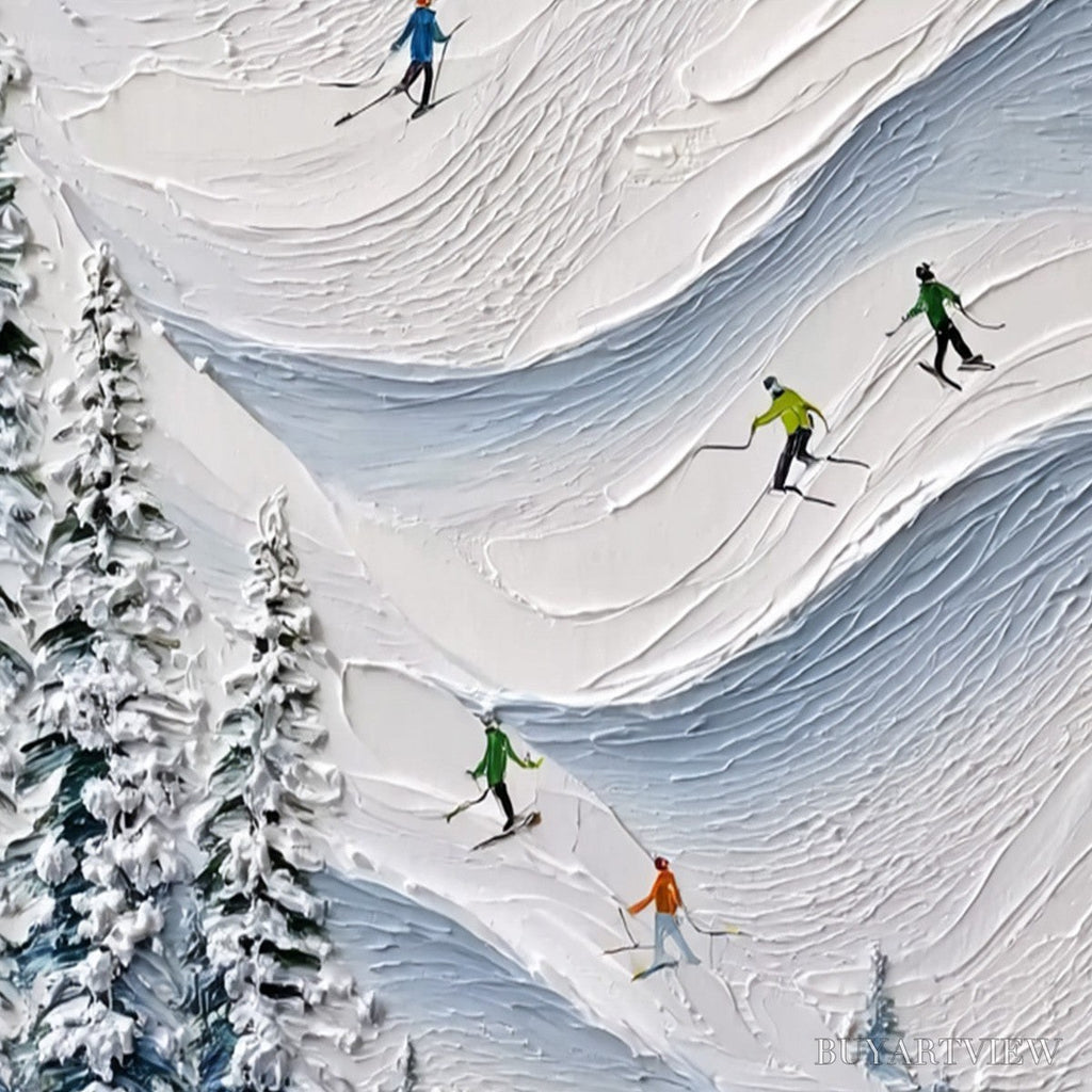 ARTOVITAS Alpine Rush – Textured Impasto Painting of Skiers on a Snowy Mountain - image 3