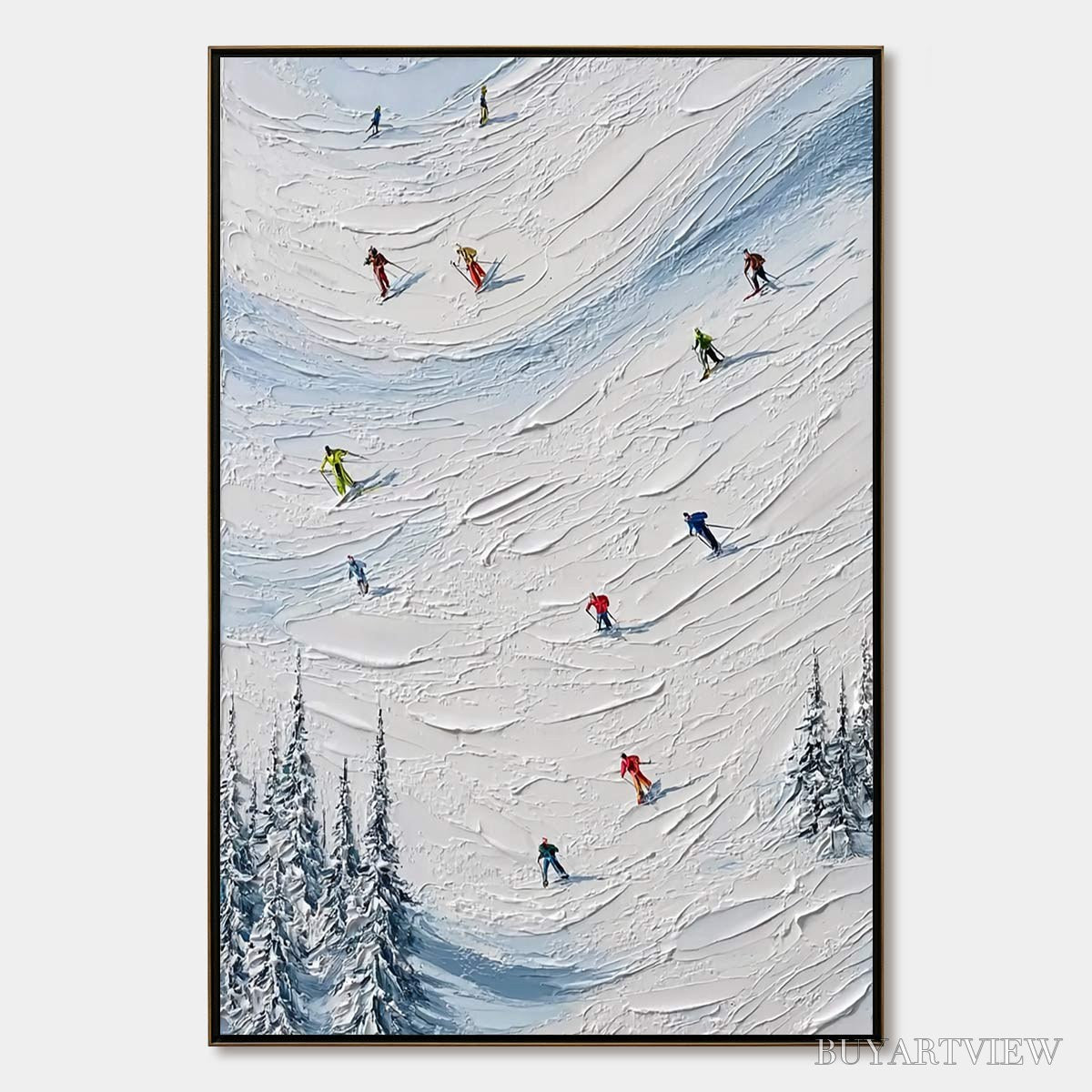 ARTOVITAS Alpine Rush – Textured Impasto Painting of Skiers on a Snowy Mountain - image 1