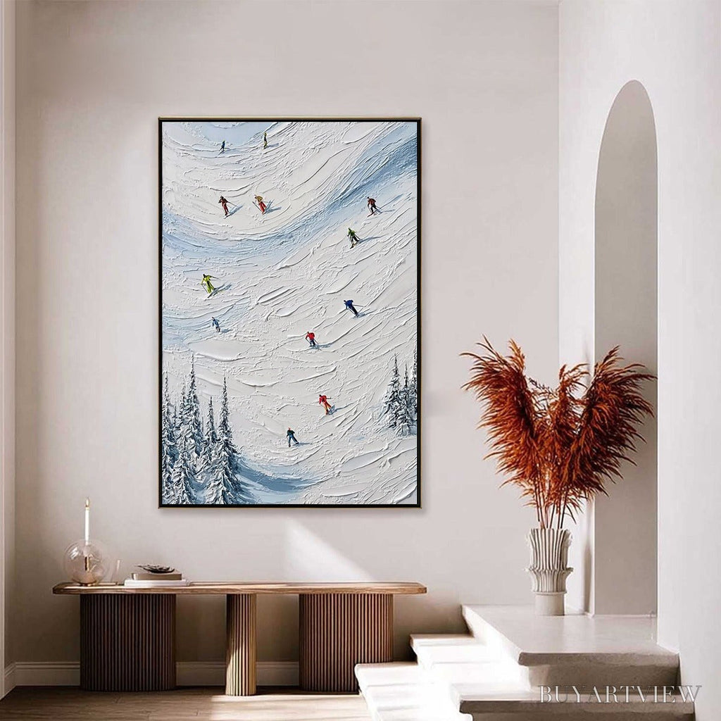 ARTOVITAS Alpine Rush – Textured Impasto Painting of Skiers on a Snowy Mountain - image 2