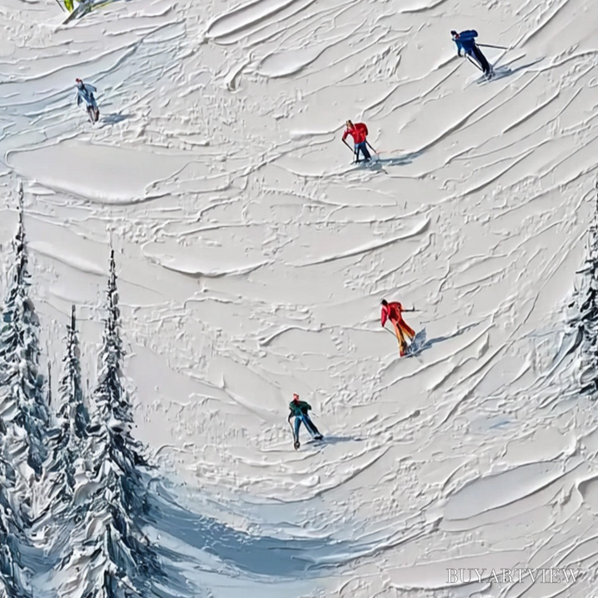 ARTOVITAS Alpine Rush – Textured Impasto Painting of Skiers on a Snowy Mountain - image 3
