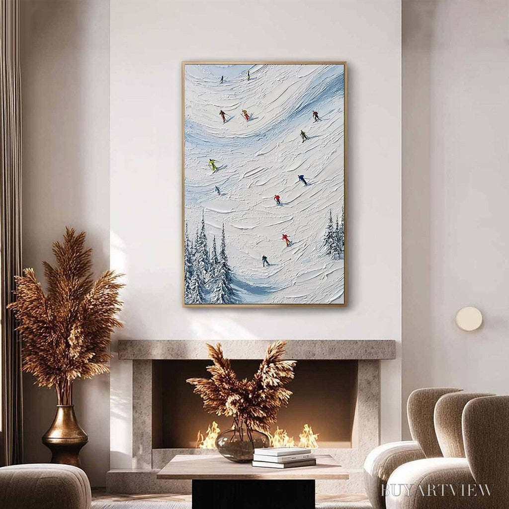 ARTOVITAS Alpine Rush – Textured Impasto Painting of Skiers on a Snowy Mountain - image 4