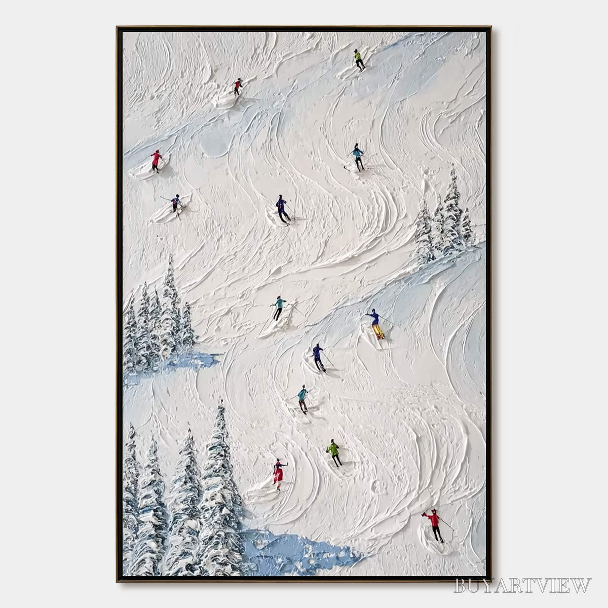 ARTOVITAS Alpine Rush – Heavy Texture Impasto Painting of Skiers on a Mountain Slope - image 1
