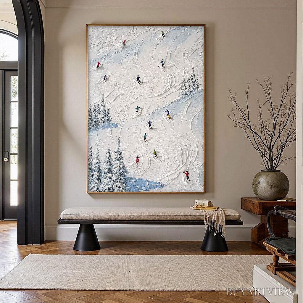 ARTOVITAS Alpine Rush – Heavy Texture Impasto Painting of Skiers on a Mountain Slope - image 2