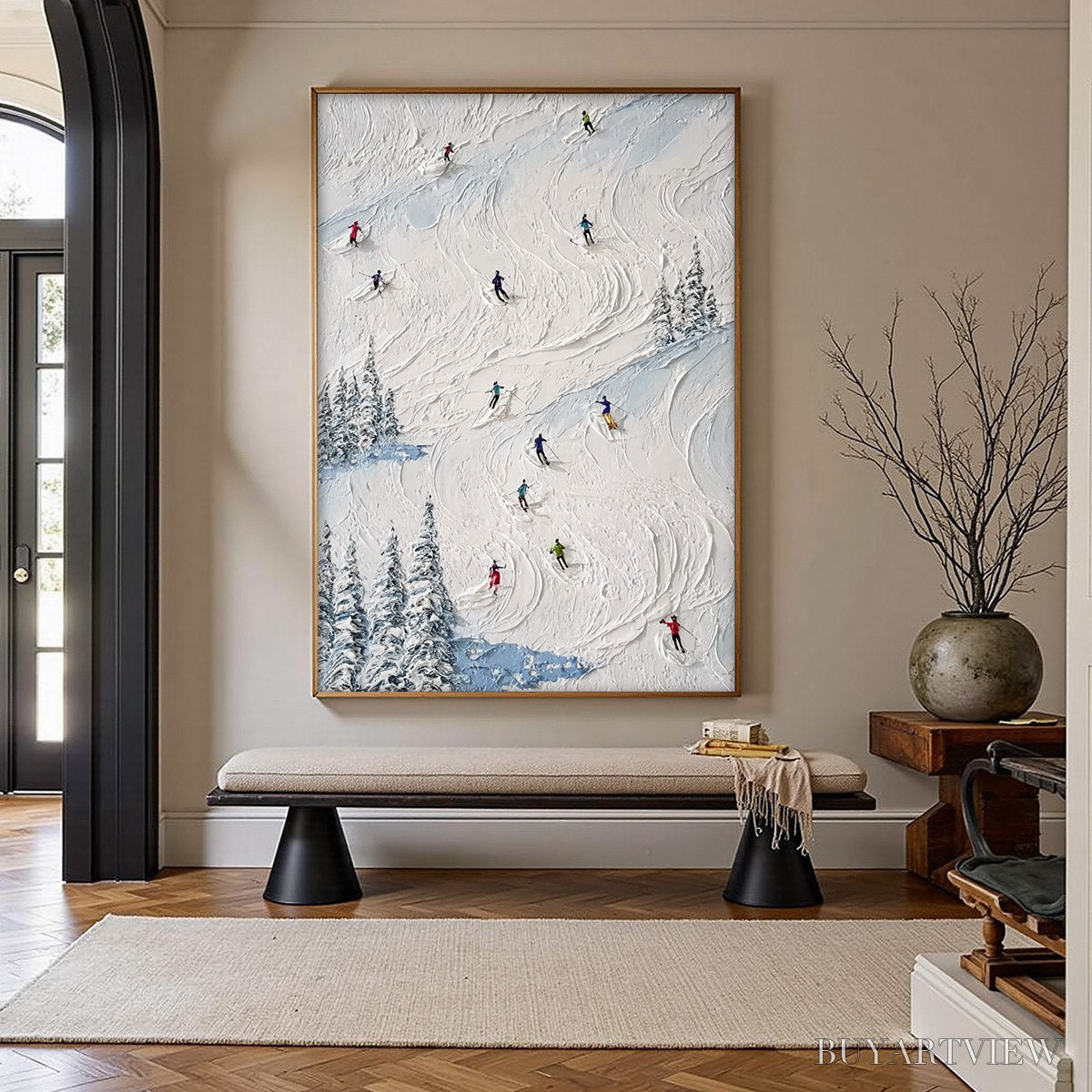 ARTOVITAS Alpine Rush – Heavy Texture Impasto Painting of Skiers on a Mountain Slope - image 2