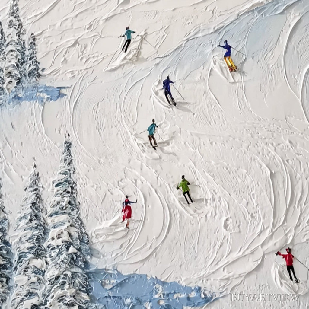 ARTOVITAS Alpine Rush – Heavy Texture Impasto Painting of Skiers on a Mountain Slope - image 3
