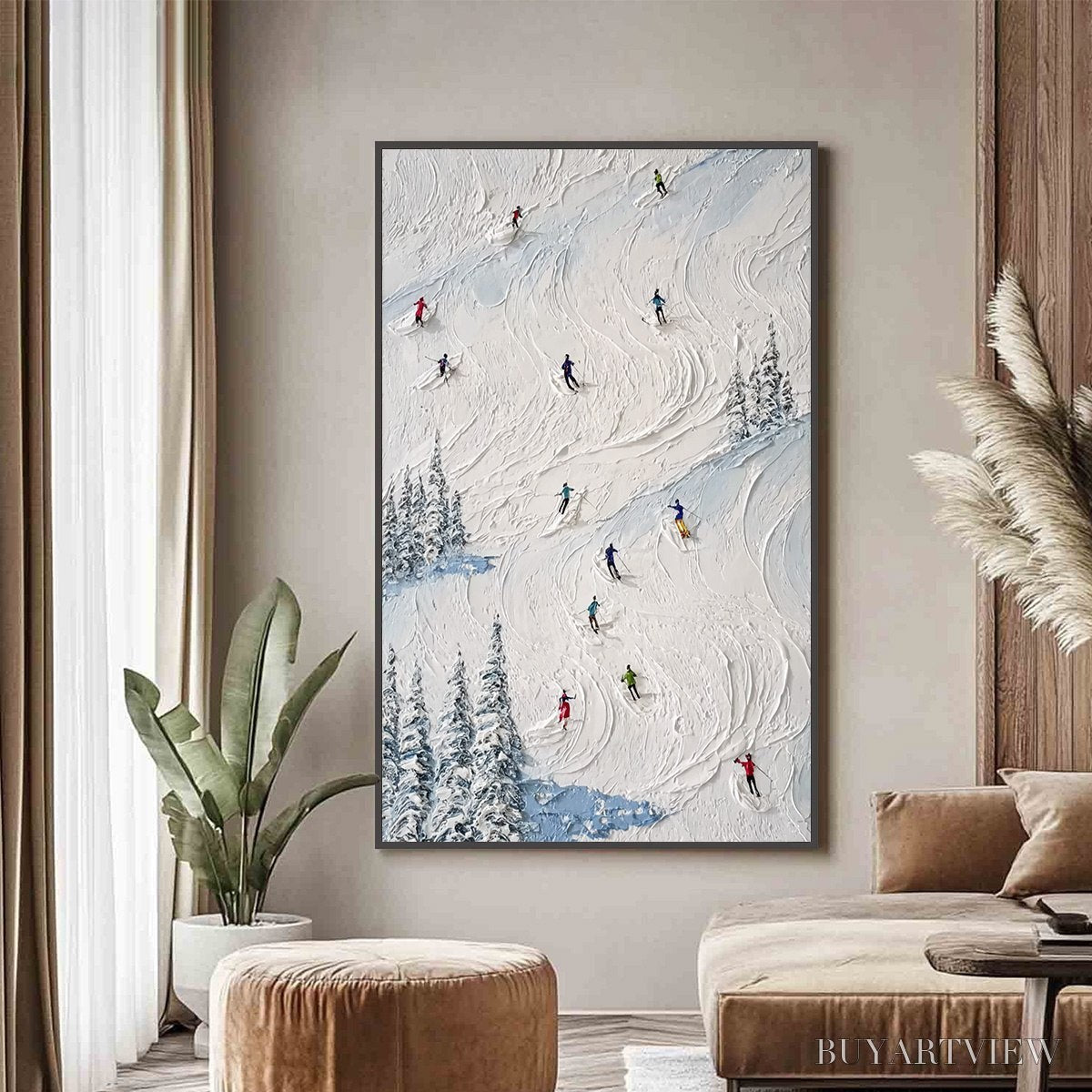 ARTOVITAS Alpine Rush – Heavy Texture Impasto Painting of Skiers on a Mountain Slope - image 4