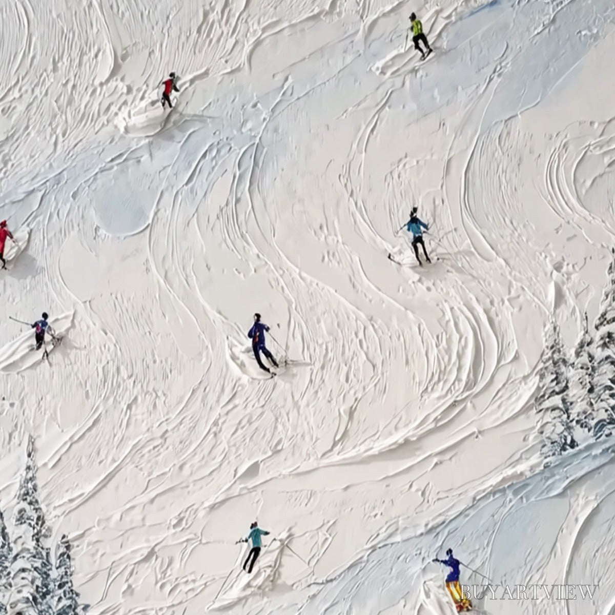 ARTOVITAS Alpine Rush – Heavy Texture Impasto Painting of Skiers on a Mountain Slope - image 5