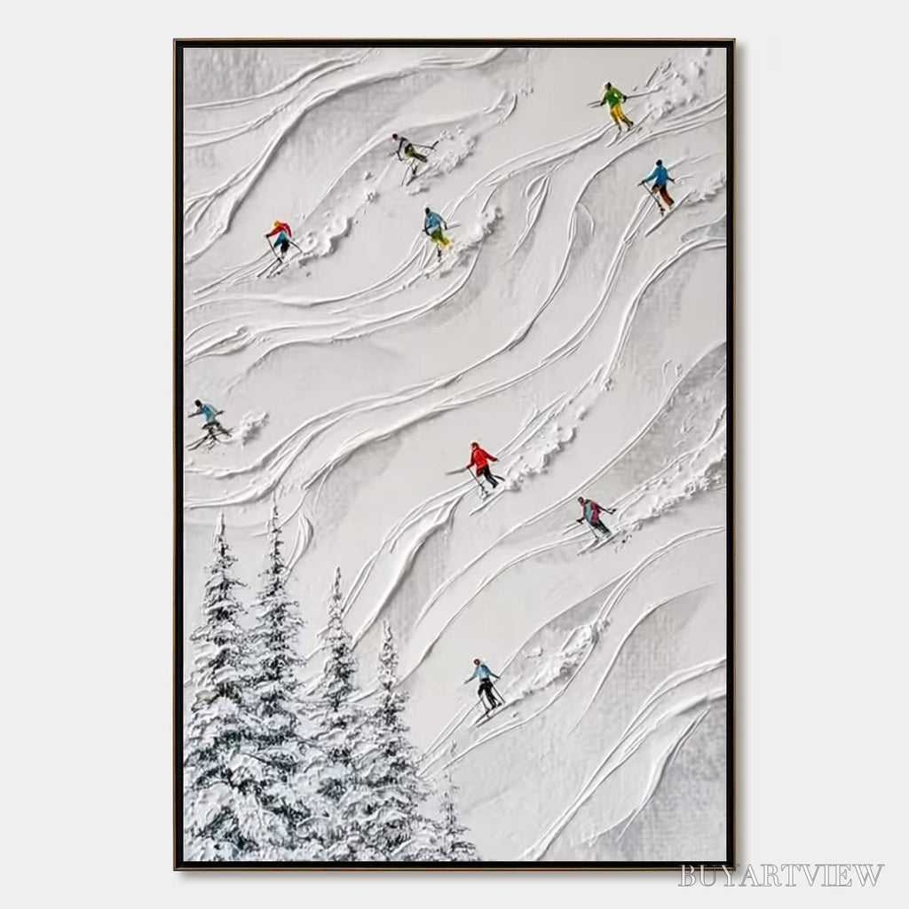 ARTOVITAS Alpine Rush – Textured Impasto Painting of Skiers on a Snowy Mountain - image 1