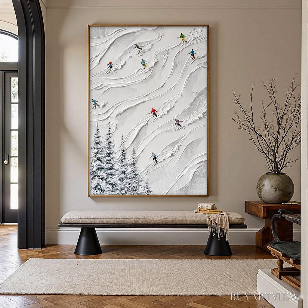 ARTOVITAS Alpine Rush – Textured Impasto Painting of Skiers on a Snowy Mountain - image 2