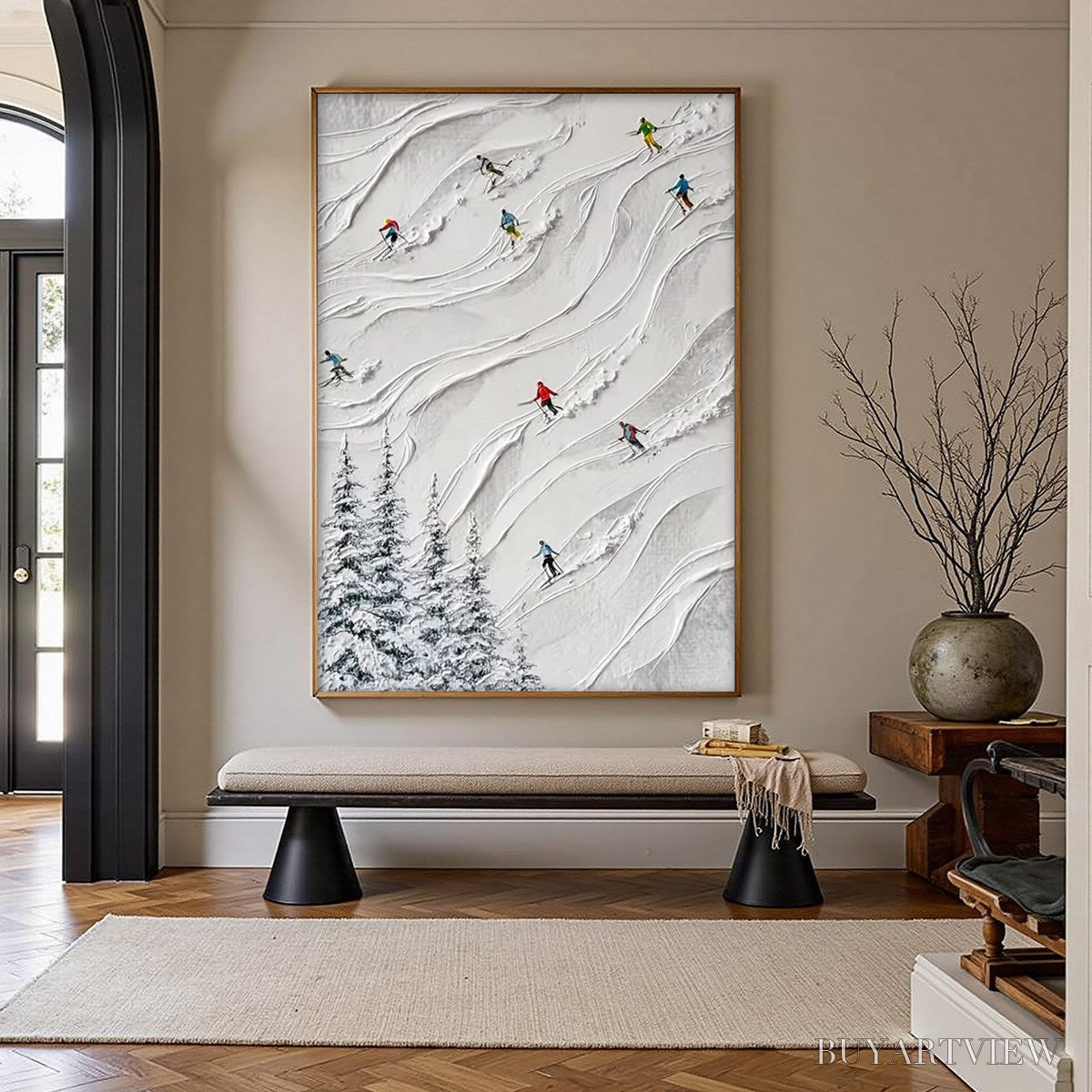 ARTOVITAS Alpine Rush – Textured Impasto Painting of Skiers on a Snowy Mountain - image 2