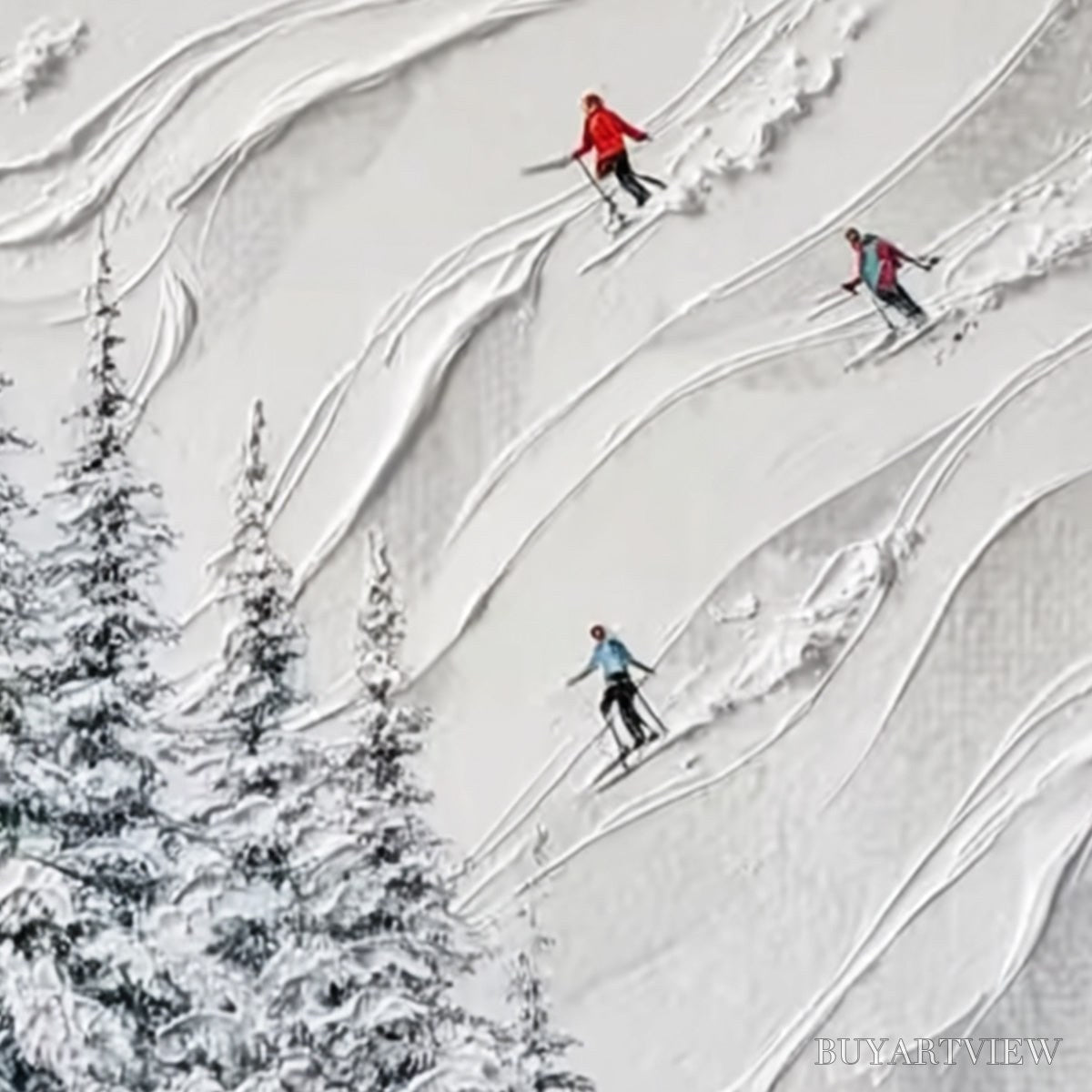 ARTOVITAS Alpine Rush – Textured Impasto Painting of Skiers on a Snowy Mountain - image 3