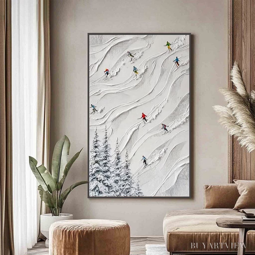 ARTOVITAS Alpine Rush – Textured Impasto Painting of Skiers on a Snowy Mountain - image 4