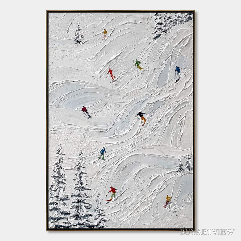 ARTOVITAS Alpine Rush – Textured Impasto Painting of Skiers on Snowy Slopes - image 1