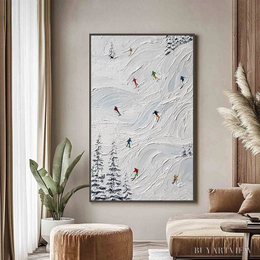 ARTOVITAS Alpine Rush – Textured Impasto Painting of Skiers on Snowy Slopes - image 2