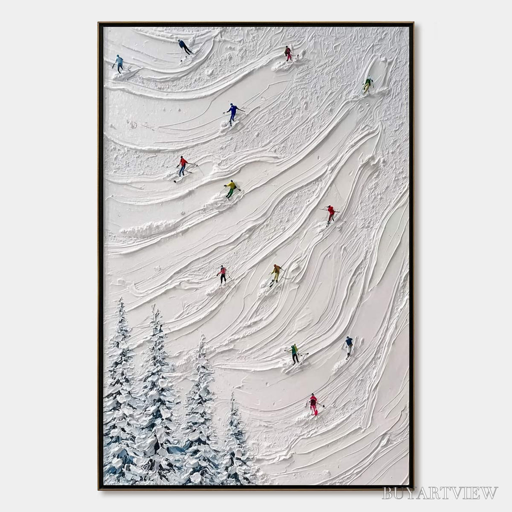 ARTOVITAS Alpine Rush – Textured Impasto Painting of Skiers on a Snowy Mountain - image 1