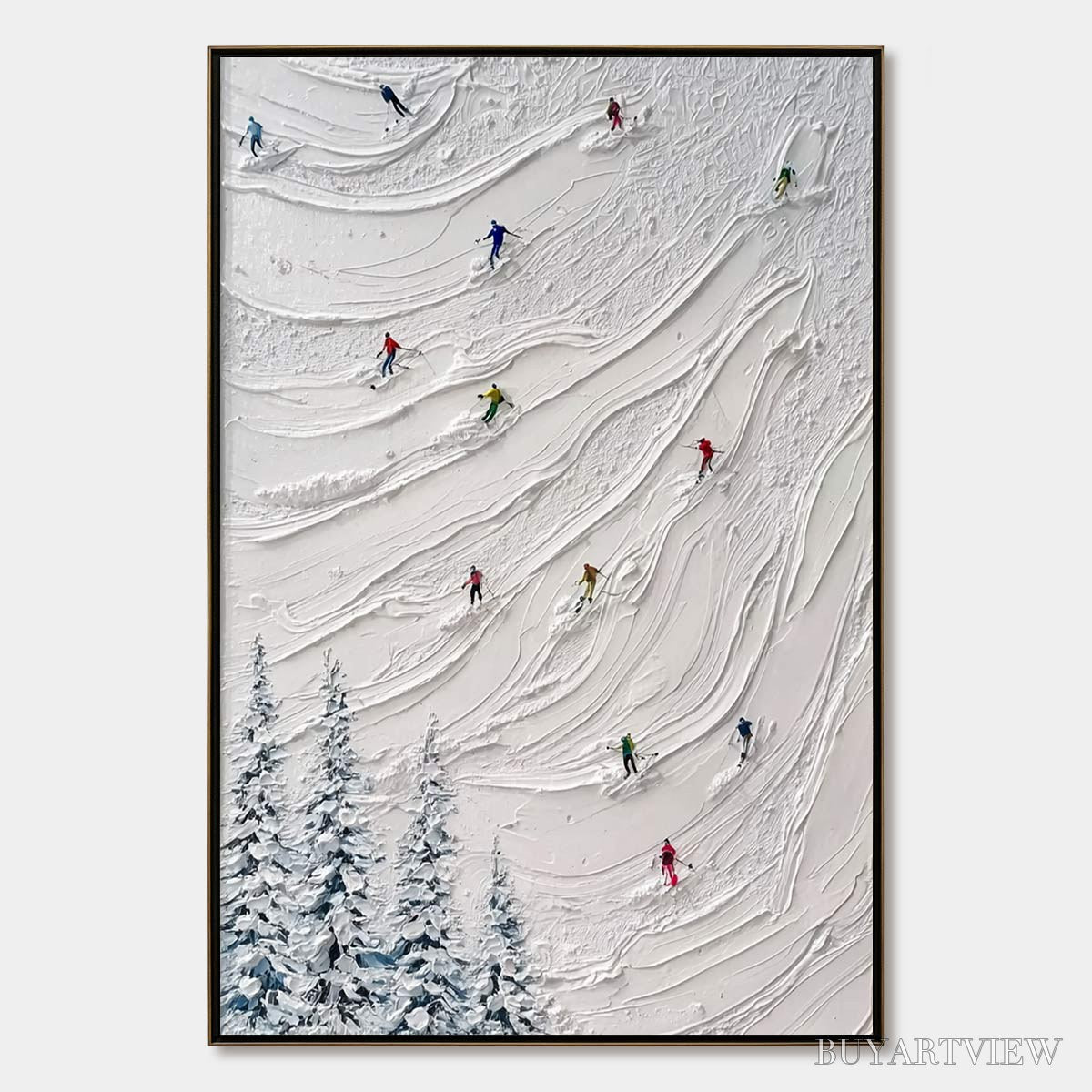 ARTOVITAS Alpine Rush – Textured Impasto Painting of Skiers on a Snowy Mountain - image 1