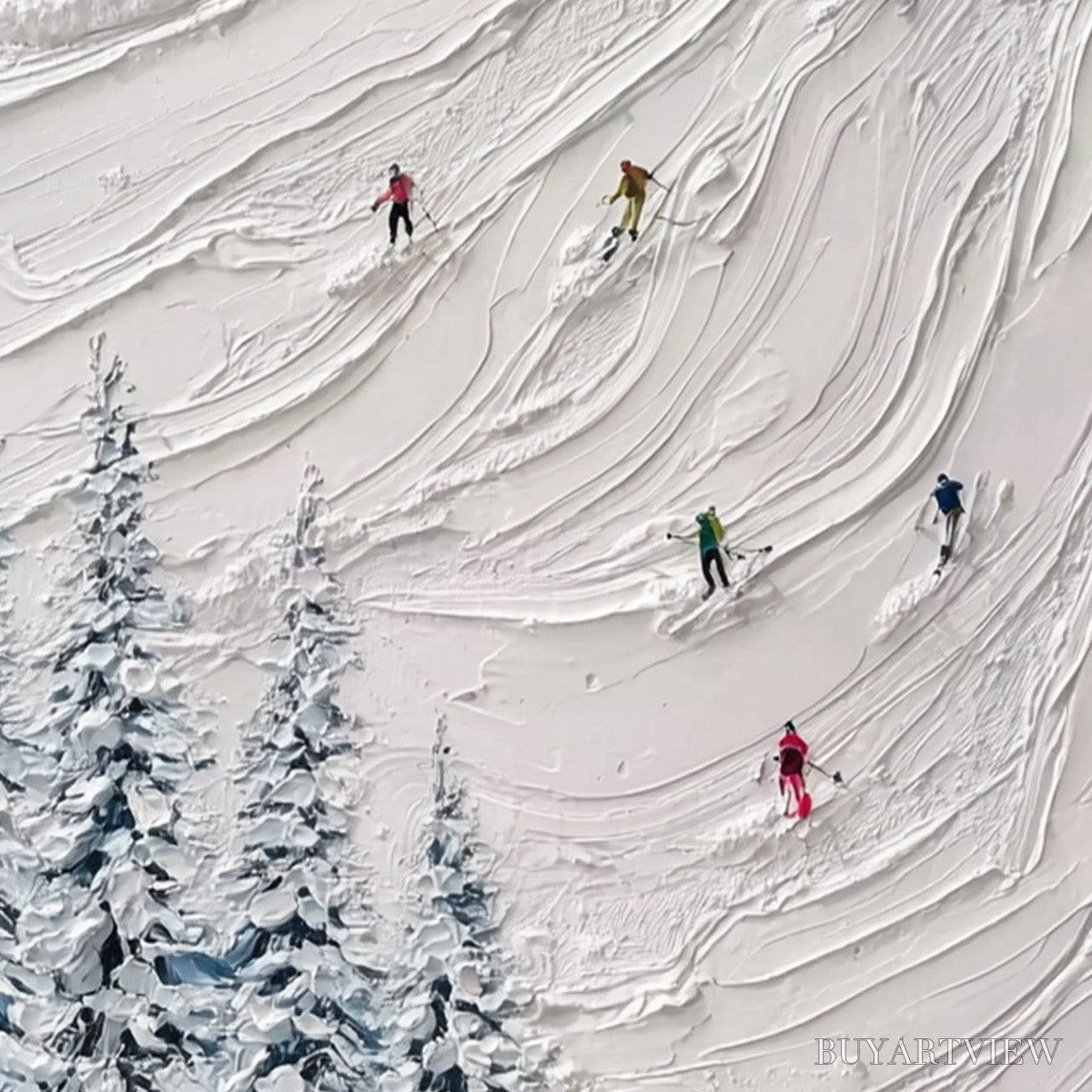 ARTOVITAS Alpine Rush – Textured Impasto Painting of Skiers on a Snowy Mountain - image 3