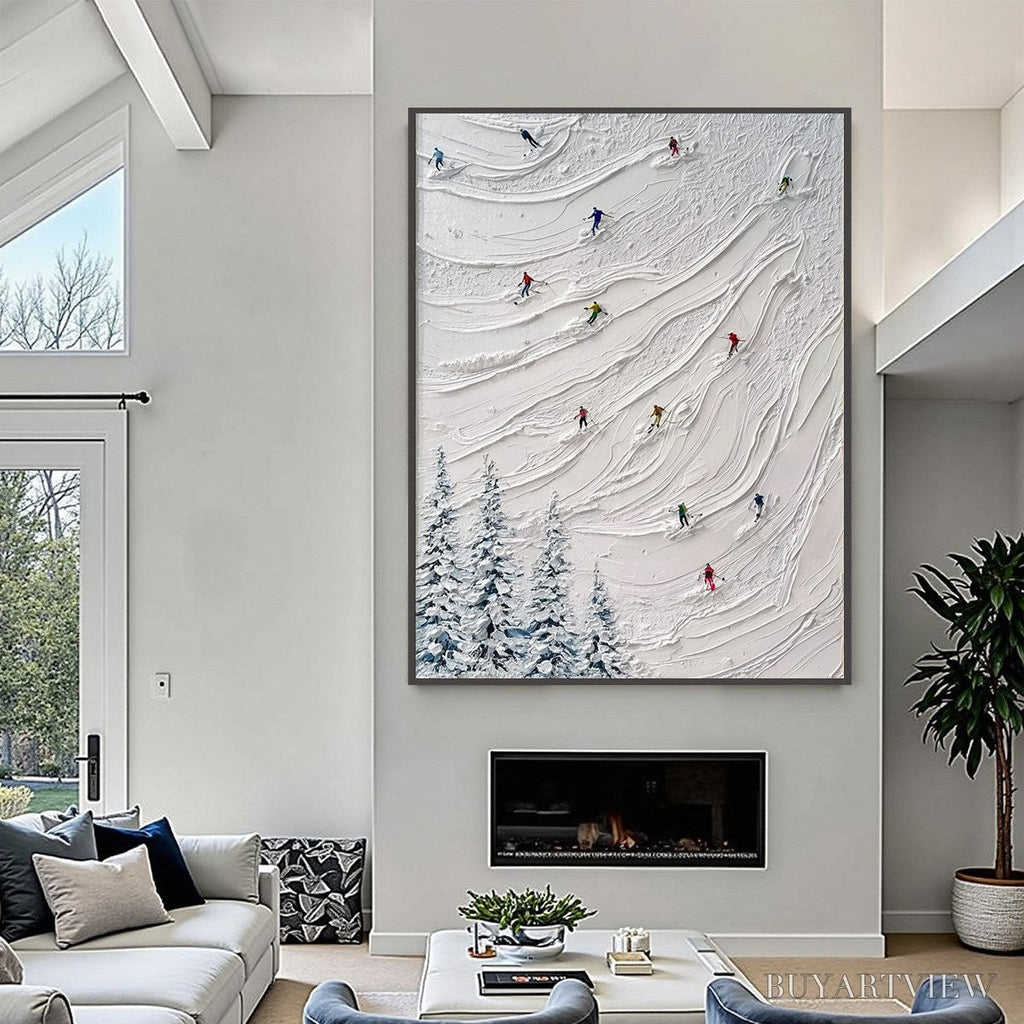 ARTOVITAS Alpine Rush – Textured Impasto Painting of Skiers on a Snowy Mountain - image 6