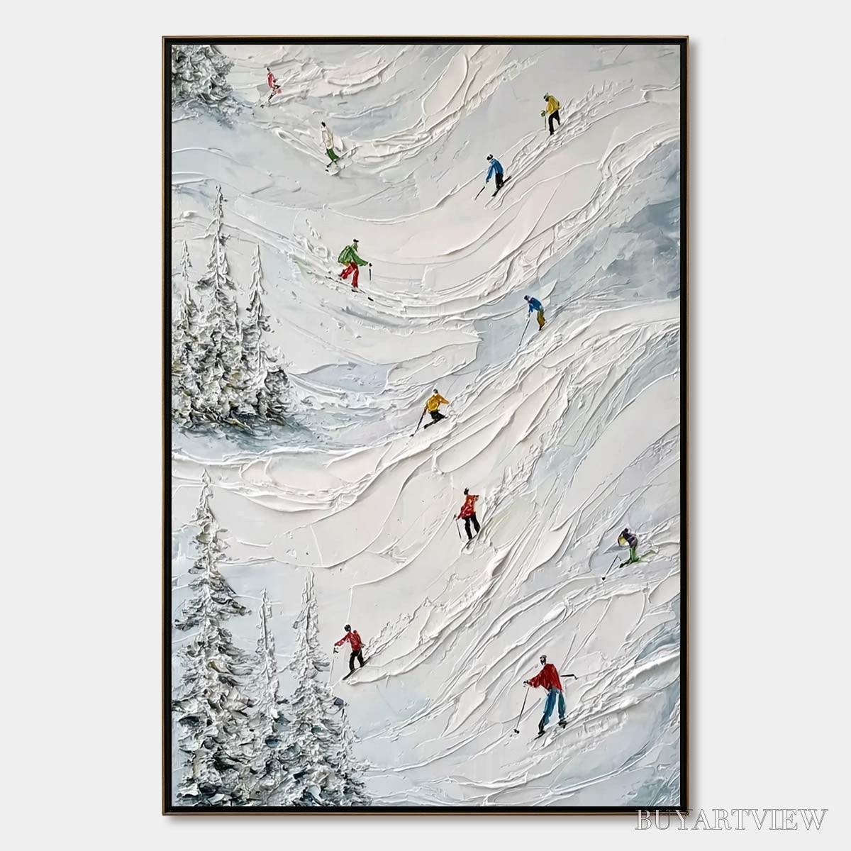 ARTOVITAS Alpine Rush – Heavy Texture Impasto Painting of Skiers on a Mountain - image 1