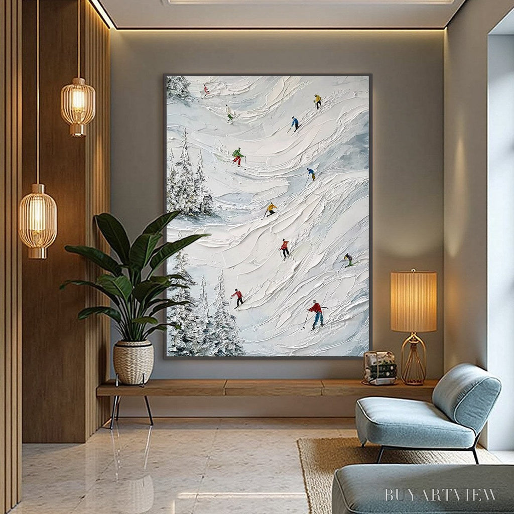 ARTOVITAS Alpine Rush – Heavy Texture Impasto Painting of Skiers on a Mountain - image 2