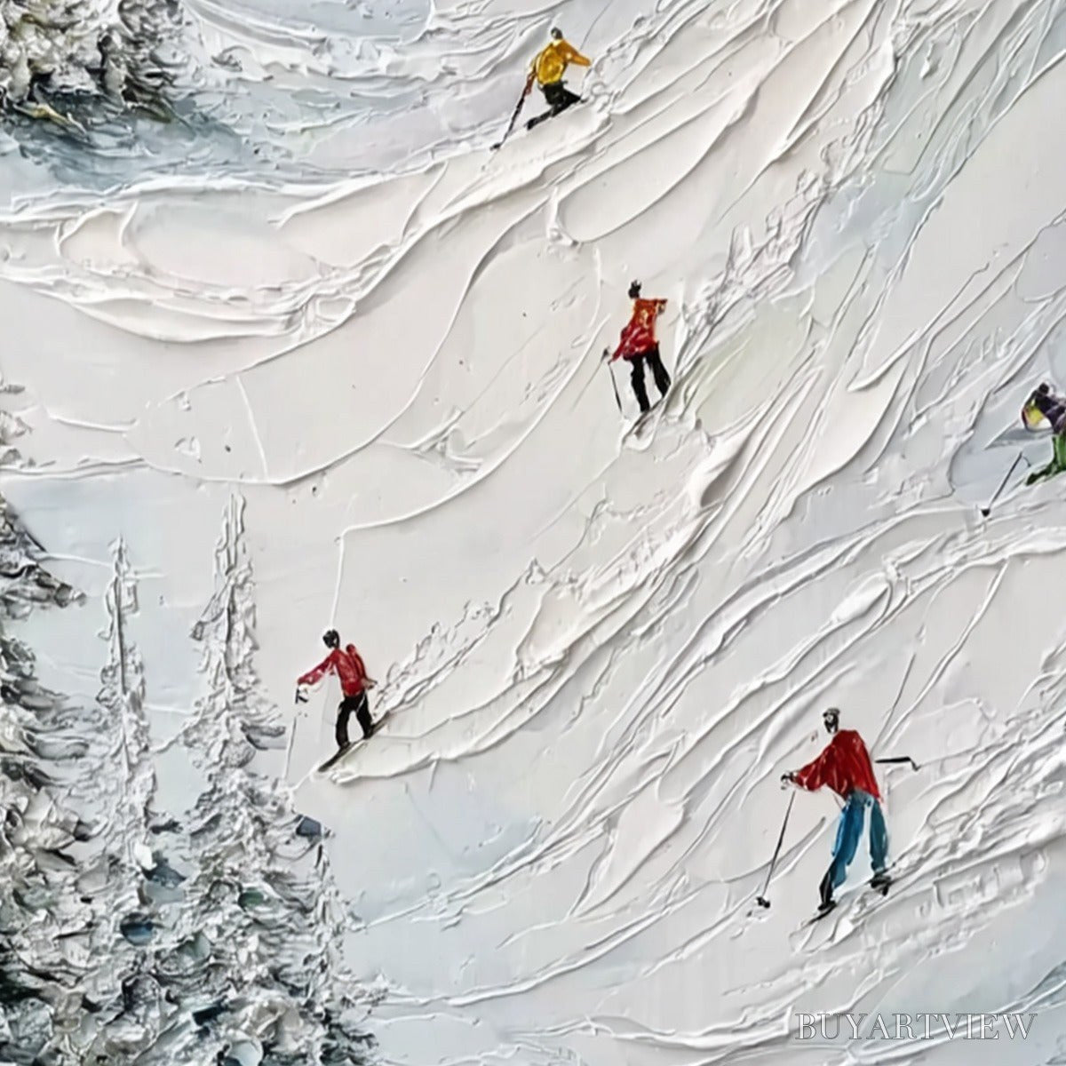ARTOVITAS Alpine Rush – Heavy Texture Impasto Painting of Skiers on a Mountain - image 3