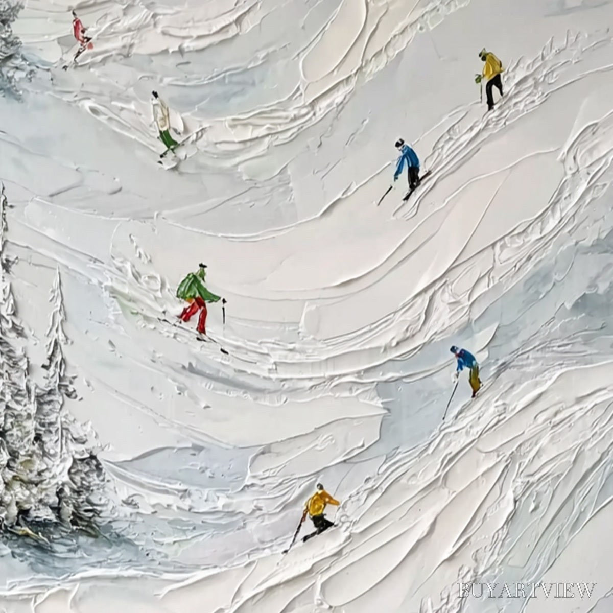 ARTOVITAS Alpine Rush – Heavy Texture Impasto Painting of Skiers on a Mountain - image 5