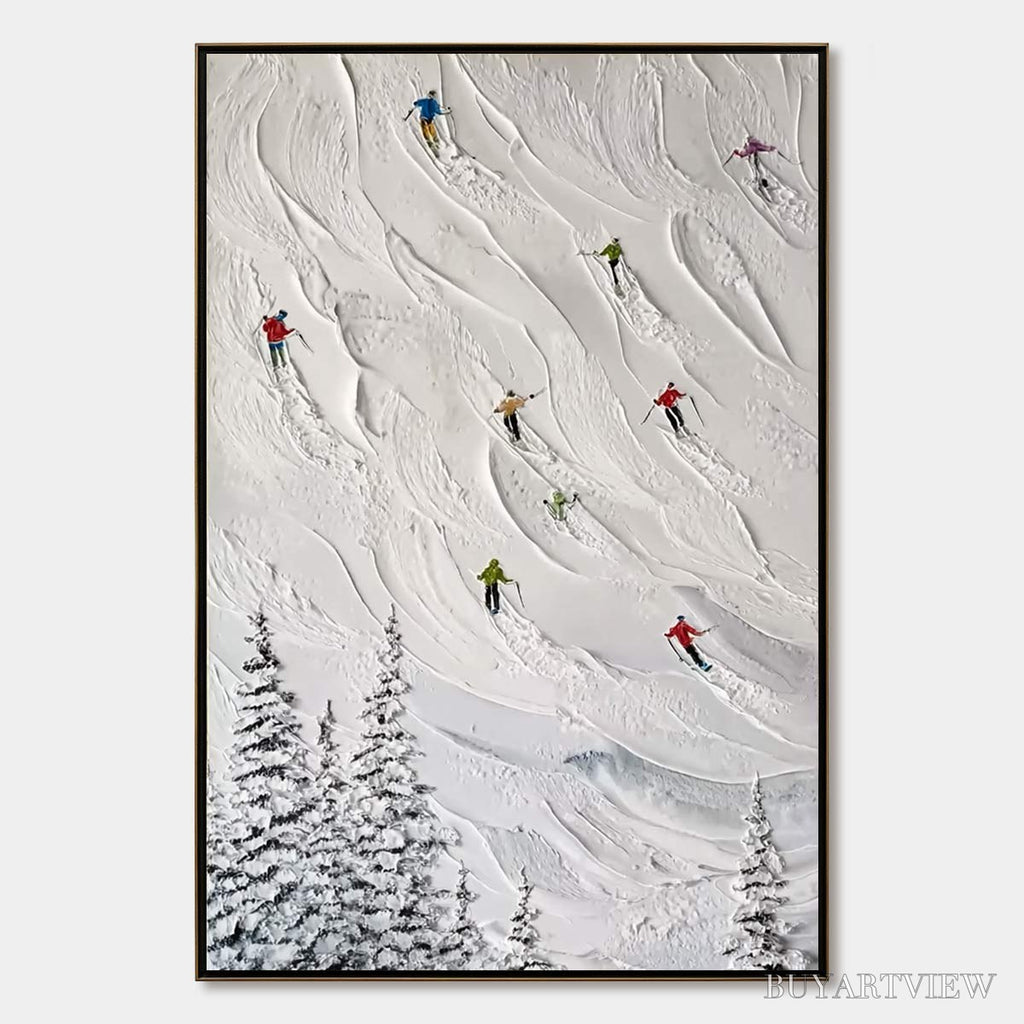 ARTOVITAS Alpine Rush – Textured Impasto Painting of Skiers on a Snowy Mountain - image 1