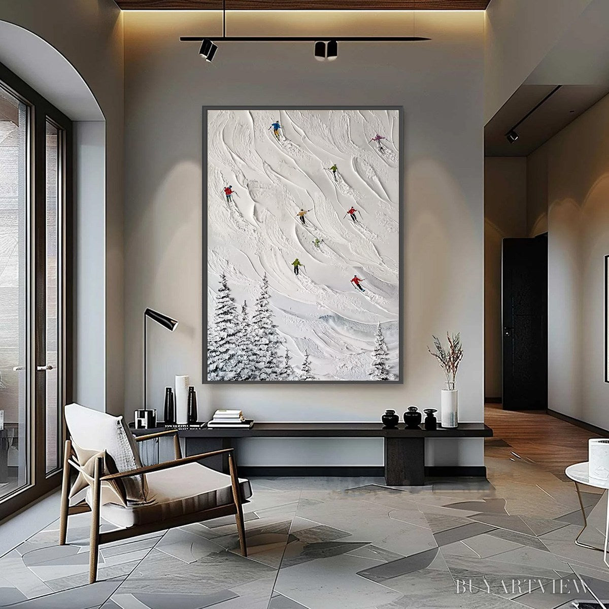 ARTOVITAS Alpine Rush – Textured Impasto Painting of Skiers on a Snowy Mountain - image 2