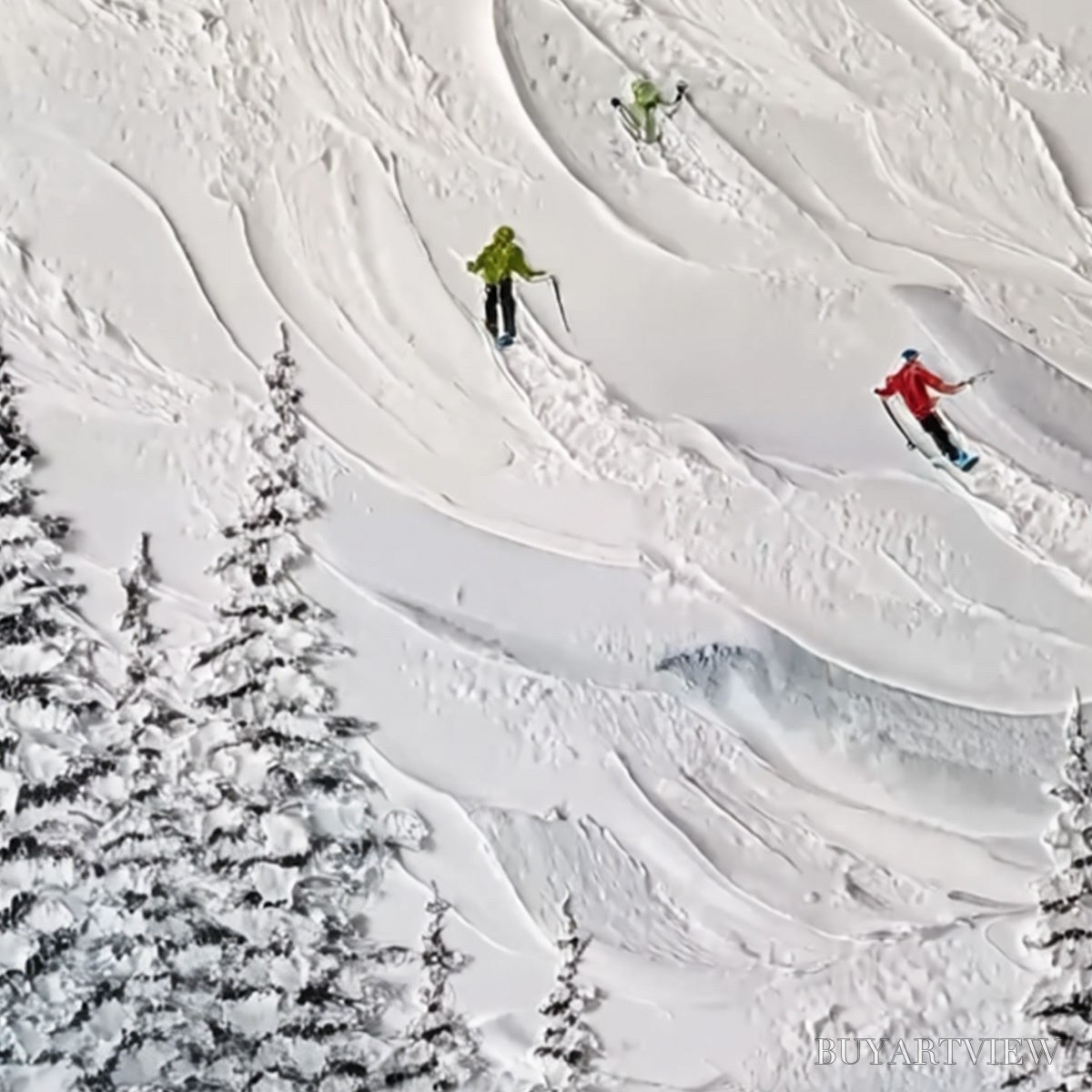 ARTOVITAS Alpine Rush – Textured Impasto Painting of Skiers on a Snowy Mountain - image 3