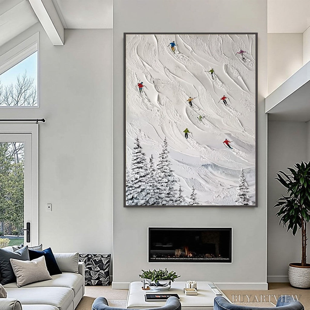 ARTOVITAS Alpine Rush – Textured Impasto Painting of Skiers on a Snowy Mountain - image 4