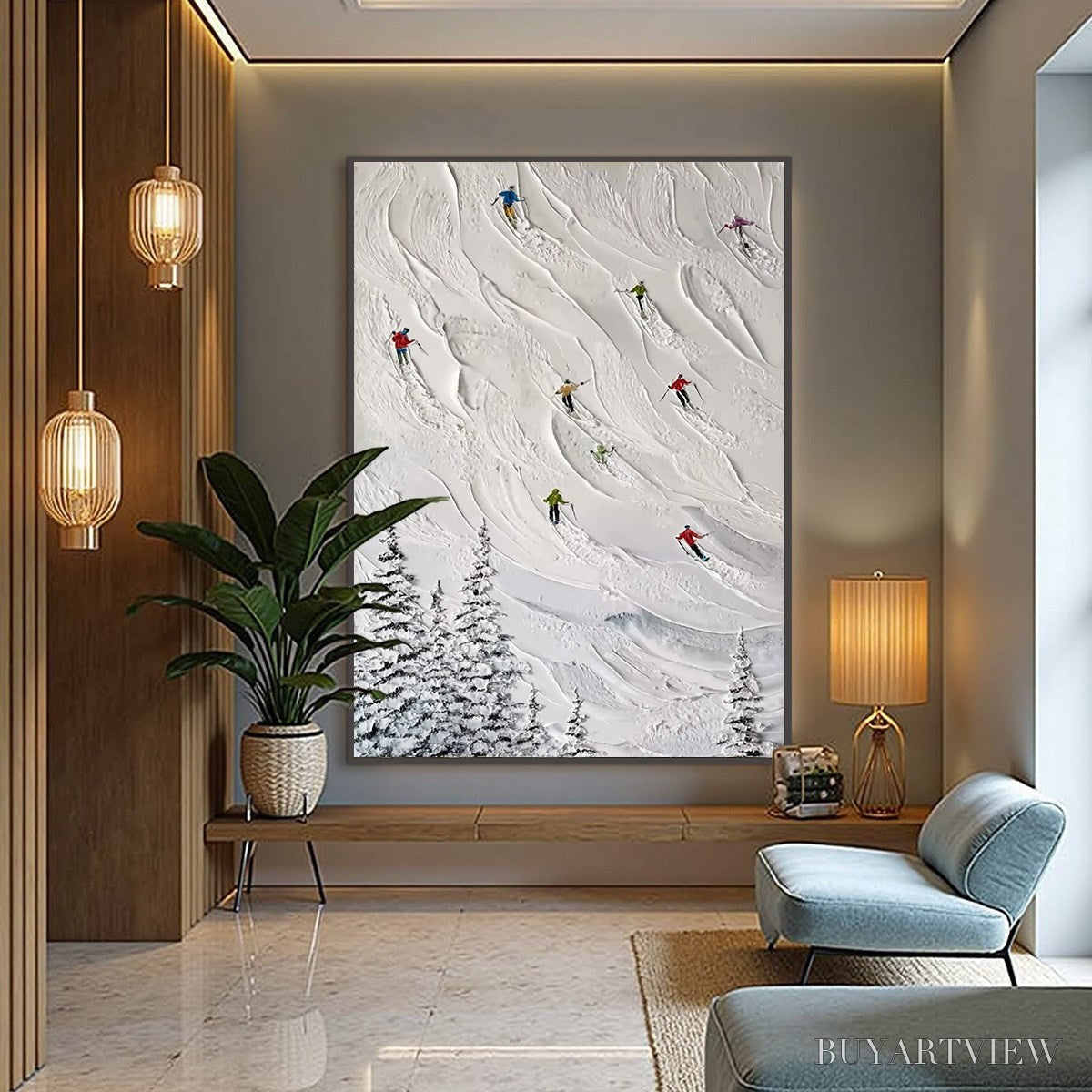 ARTOVITAS Alpine Rush – Textured Impasto Painting of Skiers on a Snowy Mountain - image 6