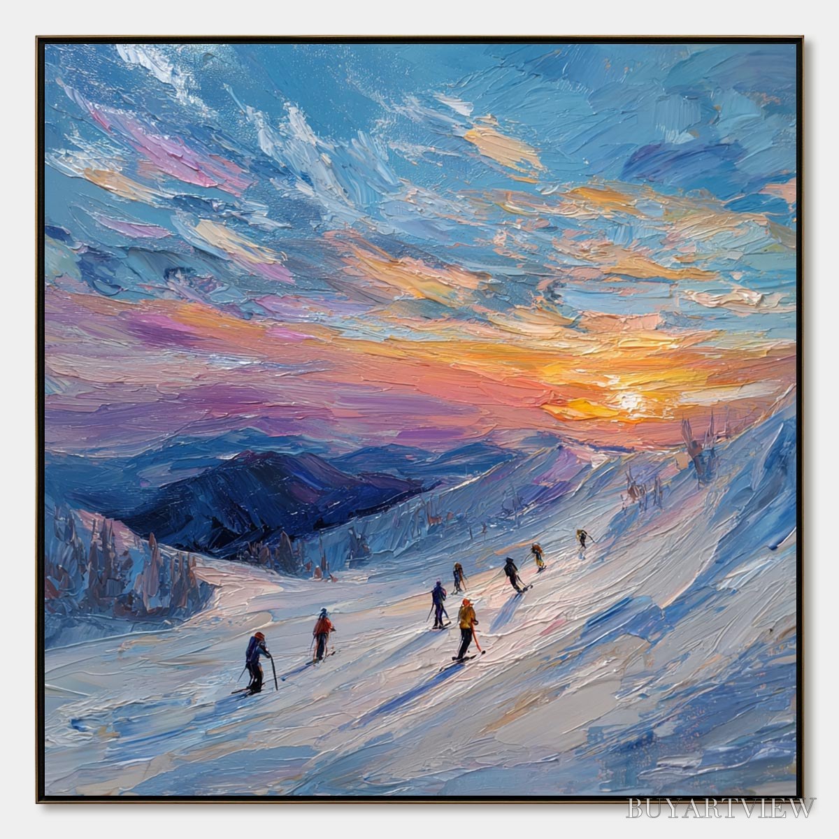ARTOVITAS Alpine Glow – Textured Palette Knife Skiing Mountain Landscape Painting - image 1