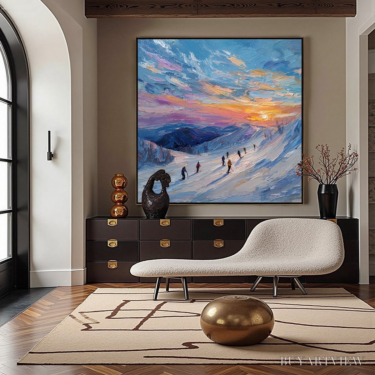 ARTOVITAS Alpine Glow – Textured Palette Knife Skiing Mountain Landscape Painting - image 2