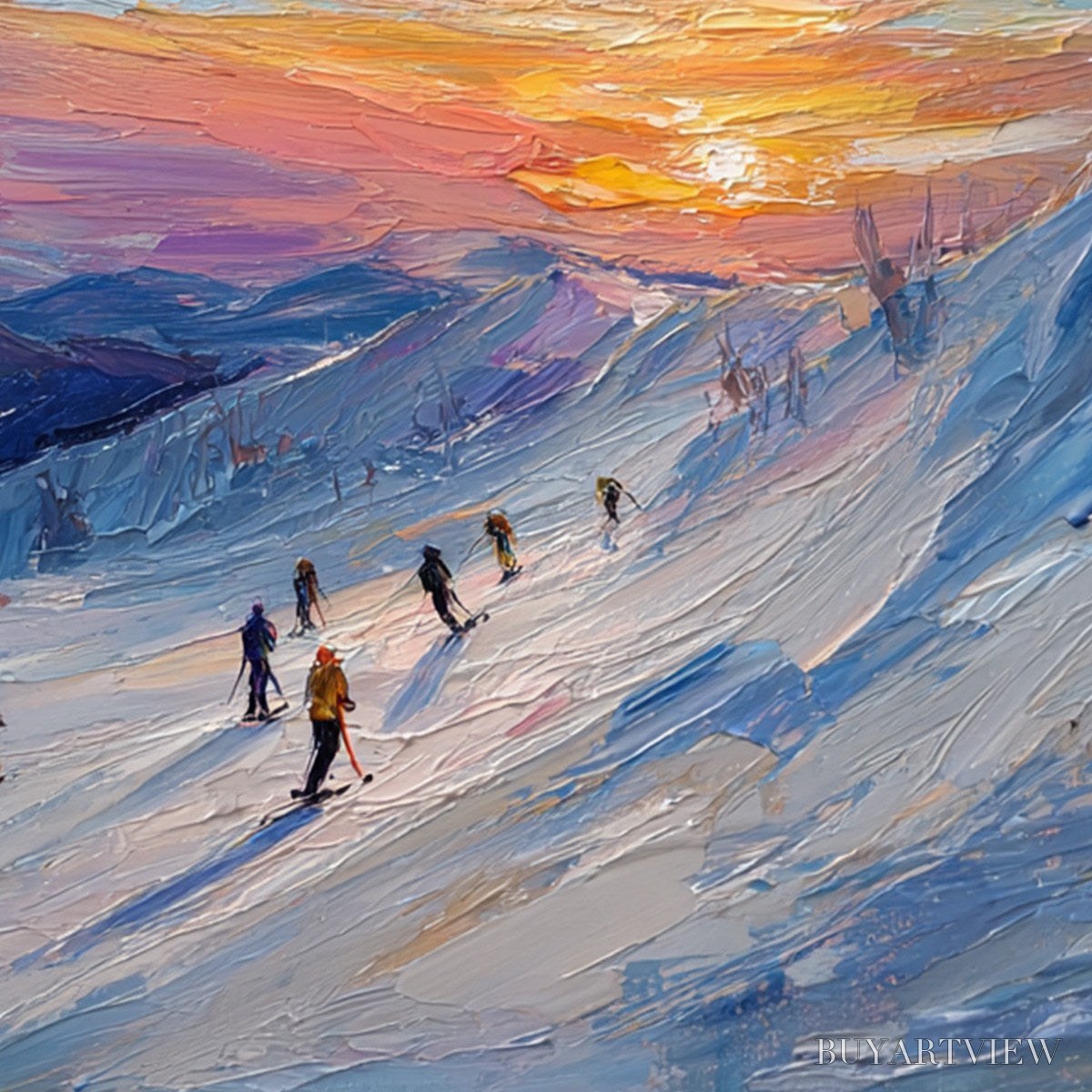 ARTOVITAS Alpine Glow – Textured Palette Knife Skiing Mountain Landscape Painting - image 3