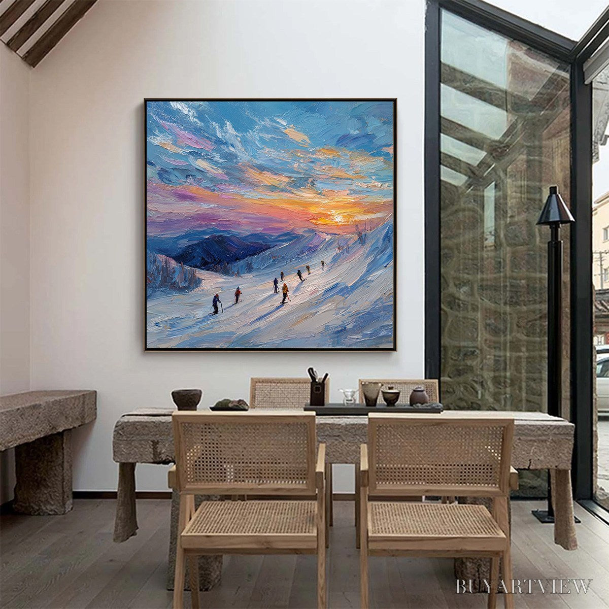 ARTOVITAS Alpine Glow – Textured Palette Knife Skiing Mountain Landscape Painting - image 4
