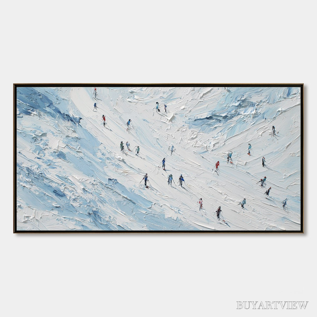 ARTOVITAS Alpine Descent – Textured Impasto Painting of Skiers on a Snowy Mountain - image 1