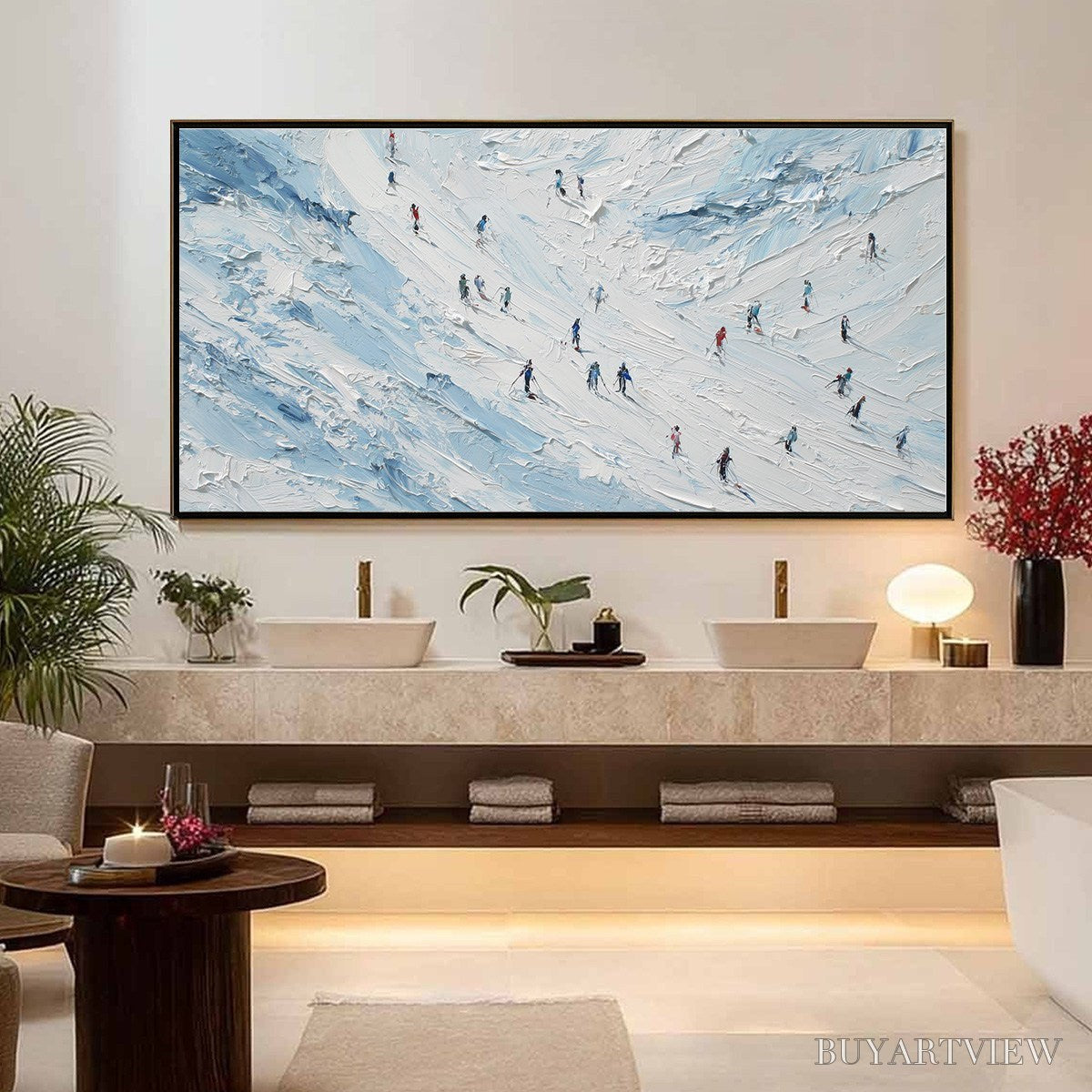 ARTOVITAS Alpine Descent – Textured Impasto Painting of Skiers on a Snowy Mountain - image 2