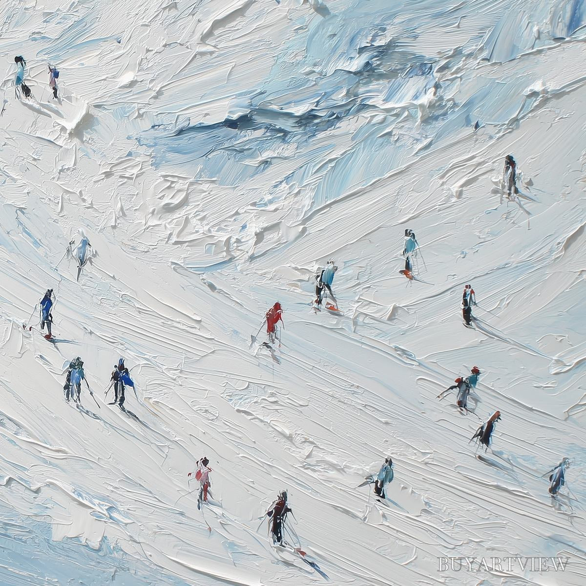 ARTOVITAS Alpine Descent – Textured Impasto Painting of Skiers on a Snowy Mountain - image 3