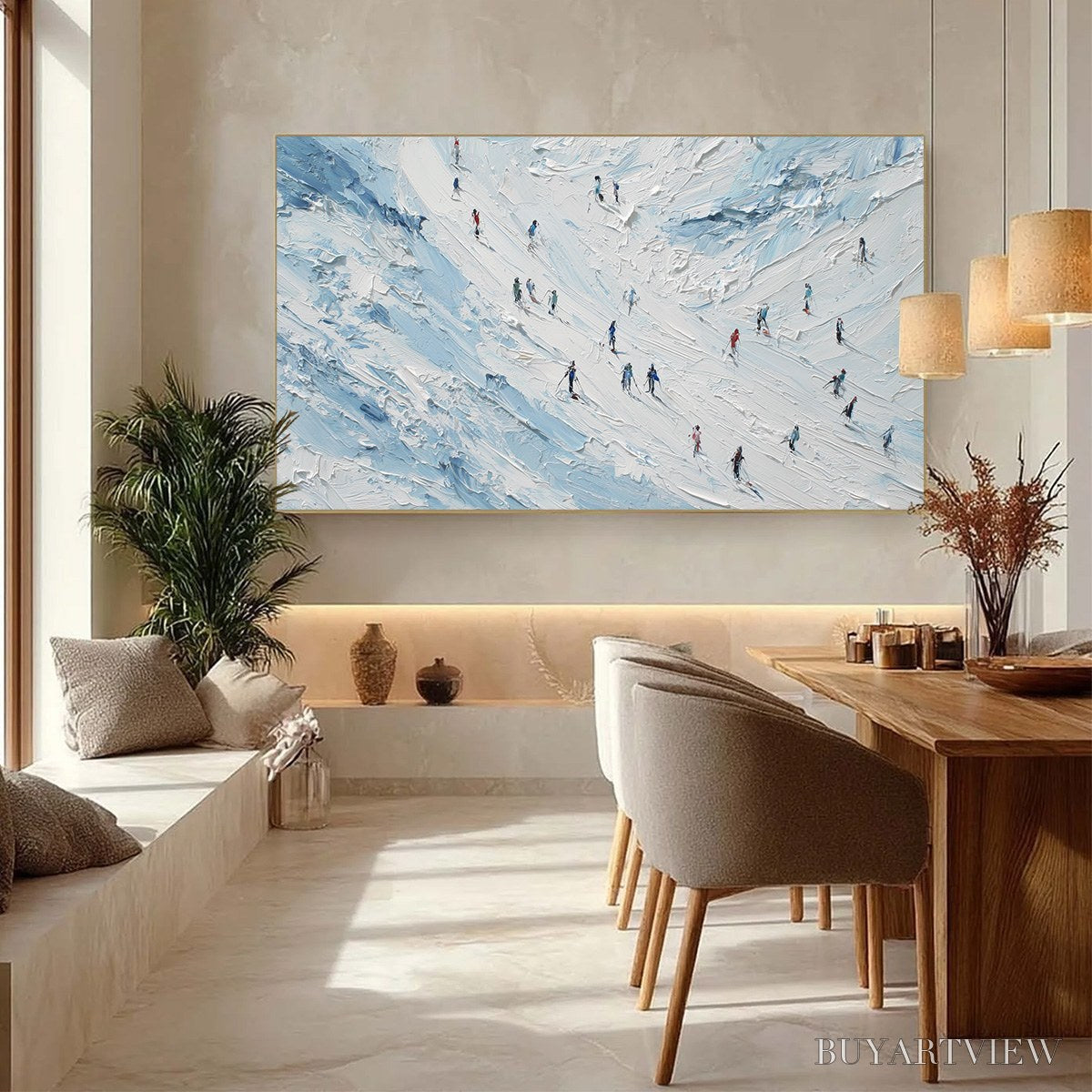 ARTOVITAS Alpine Descent – Textured Impasto Painting of Skiers on a Snowy Mountain - image 4