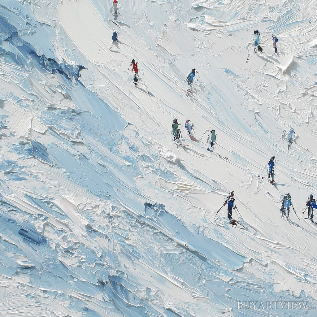 ARTOVITAS Alpine Descent – Textured Impasto Painting of Skiers on a Snowy Mountain - image 5