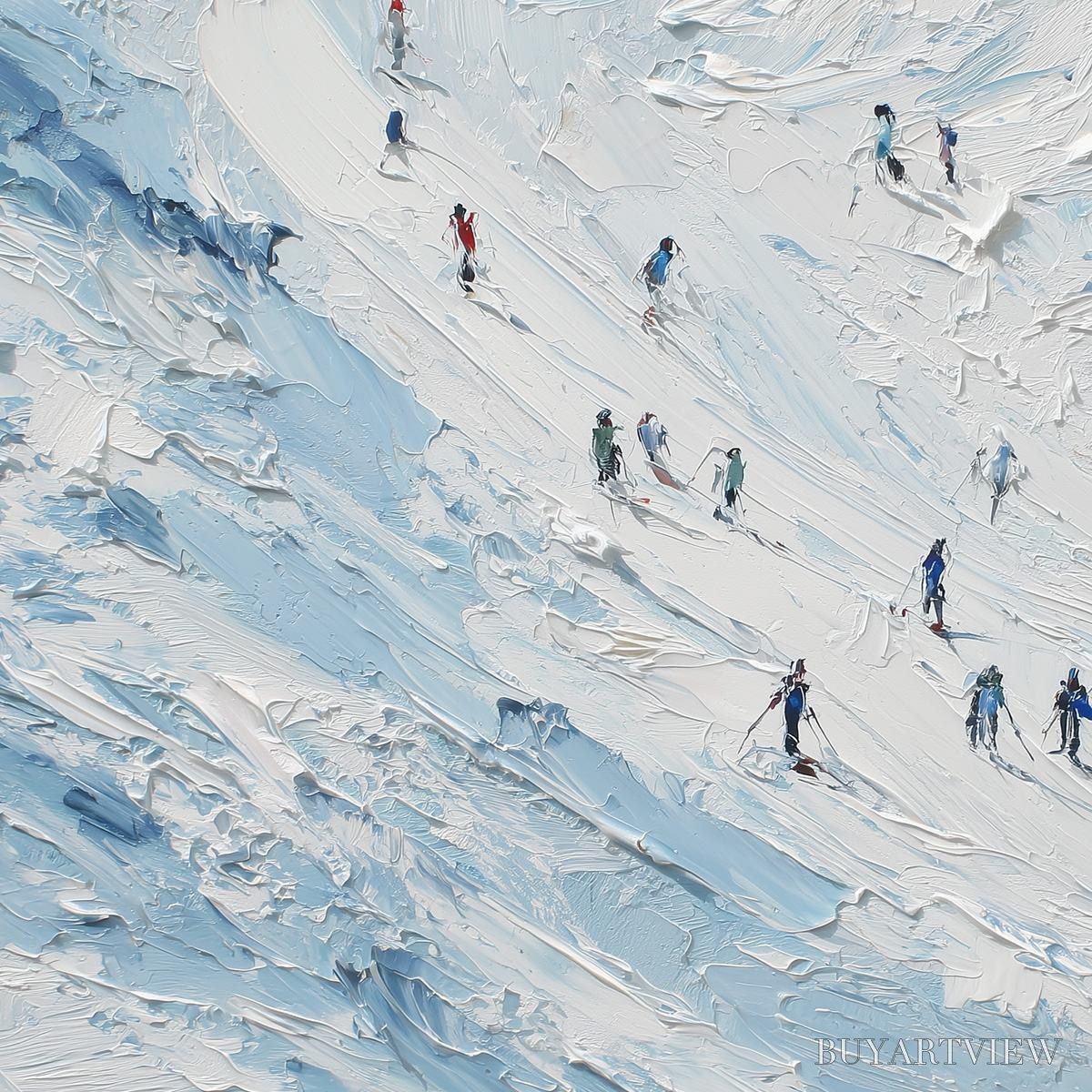 ARTOVITAS Alpine Descent – Textured Impasto Painting of Skiers on a Snowy Mountain - image 5
