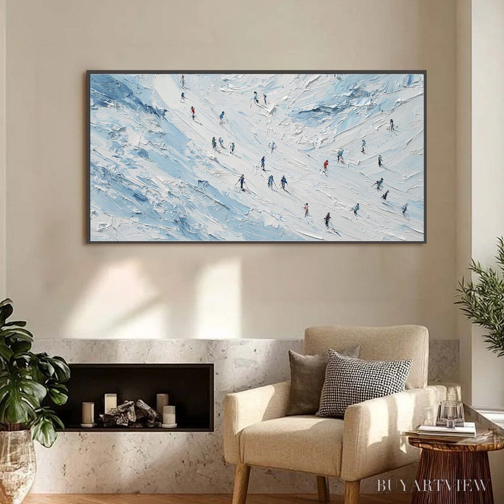 ARTOVITAS Alpine Descent – Textured Impasto Painting of Skiers on a Snowy Mountain - image 6