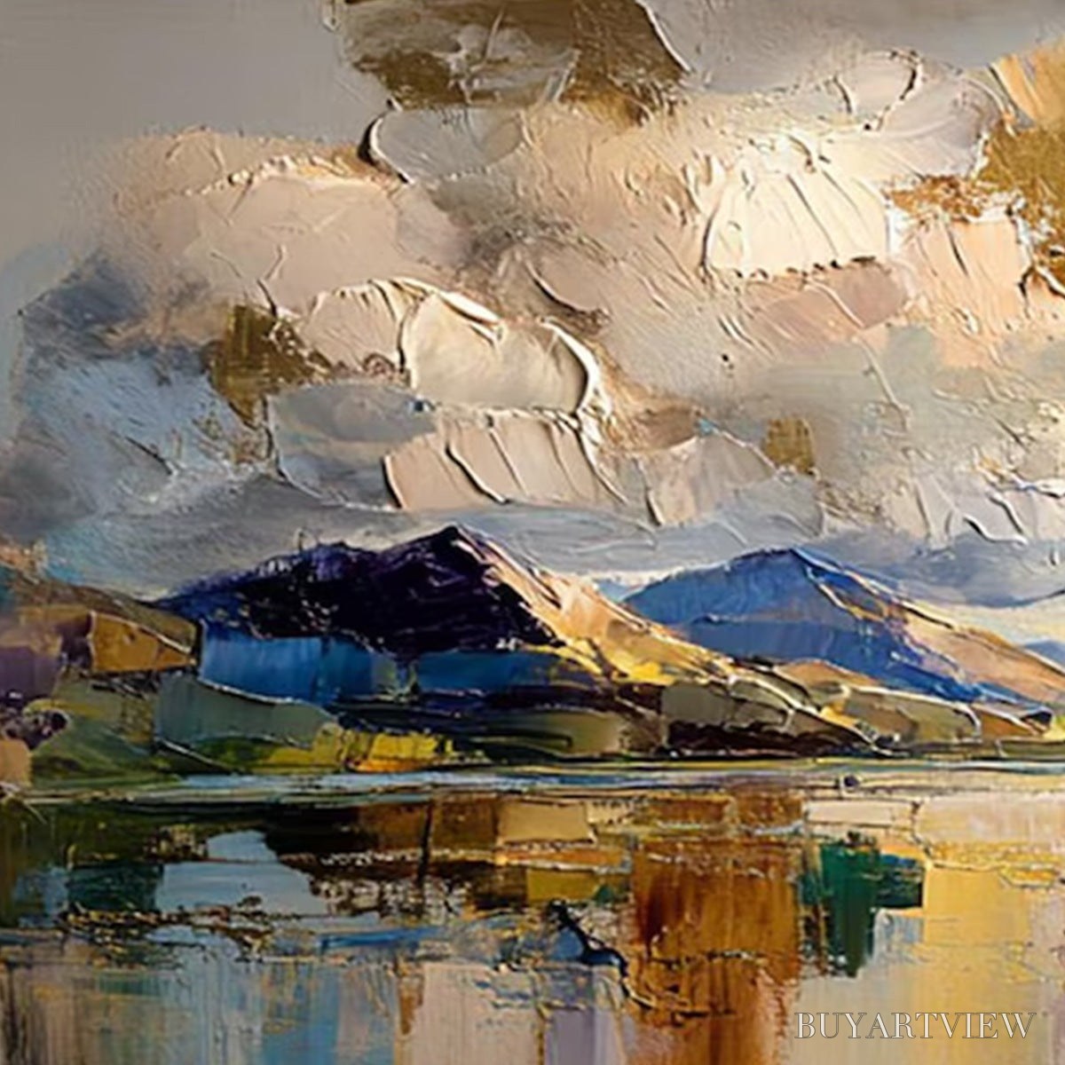 ARTOVITAS Golden Mirror – Palette Knife Impasto Mountain Lake Painting - image 5