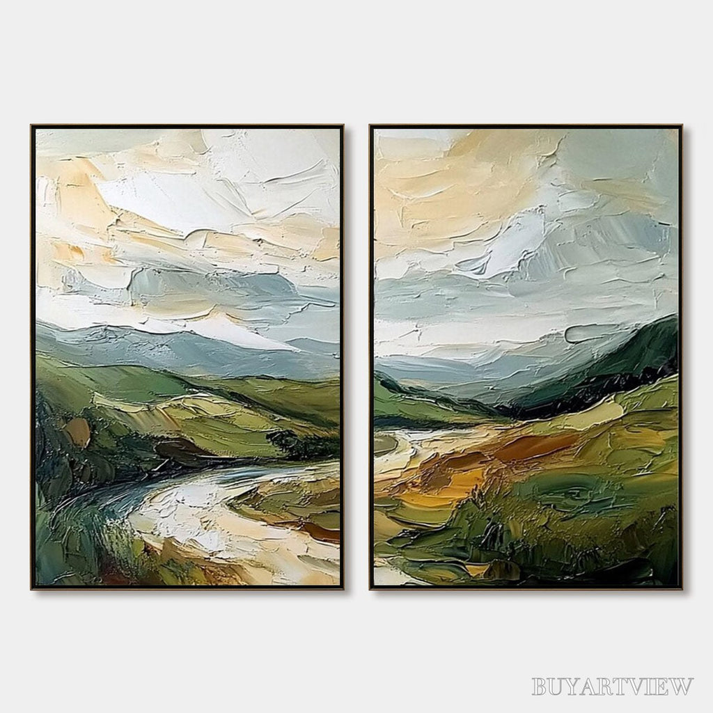 ARTOVITAS River Valley Duet – Textured Landscape Diptych Painting - image 1