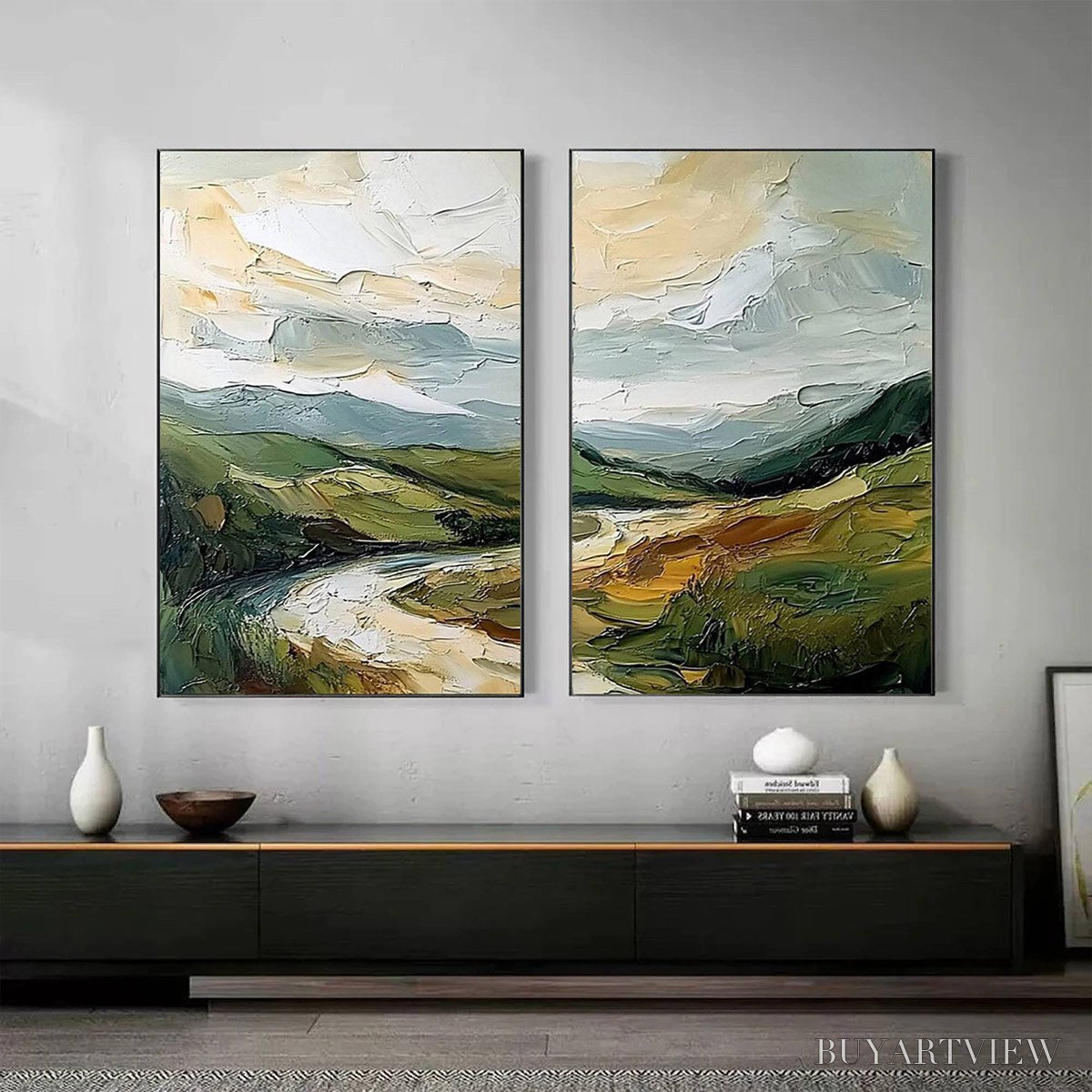 ARTOVITAS River Valley Duet – Textured Landscape Diptych Painting - image 2