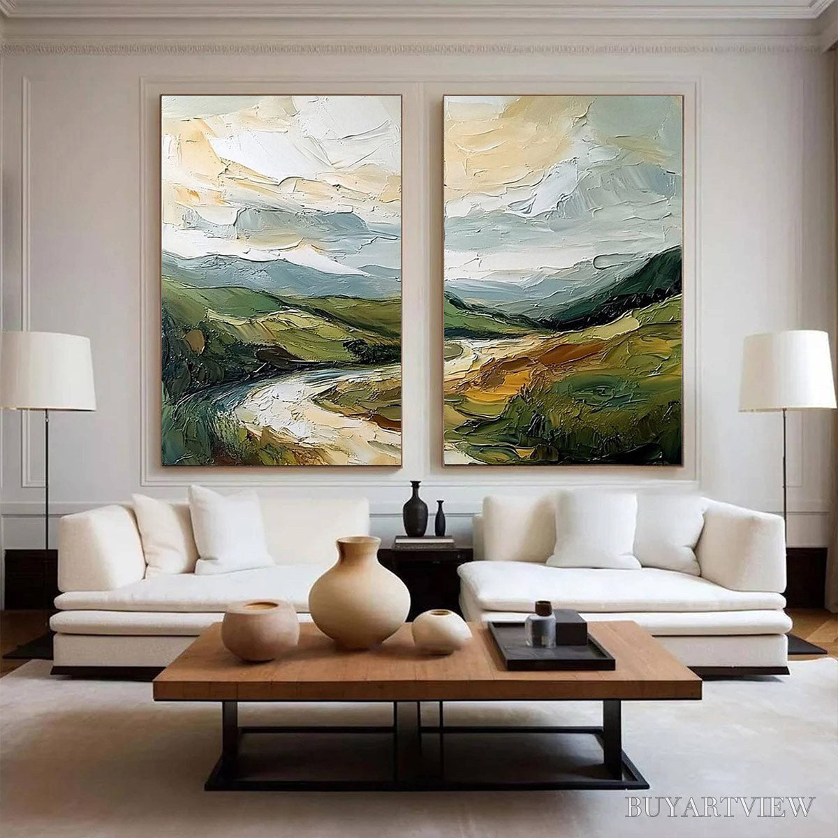 ARTOVITAS River Valley Duet – Textured Landscape Diptych Painting - image 5