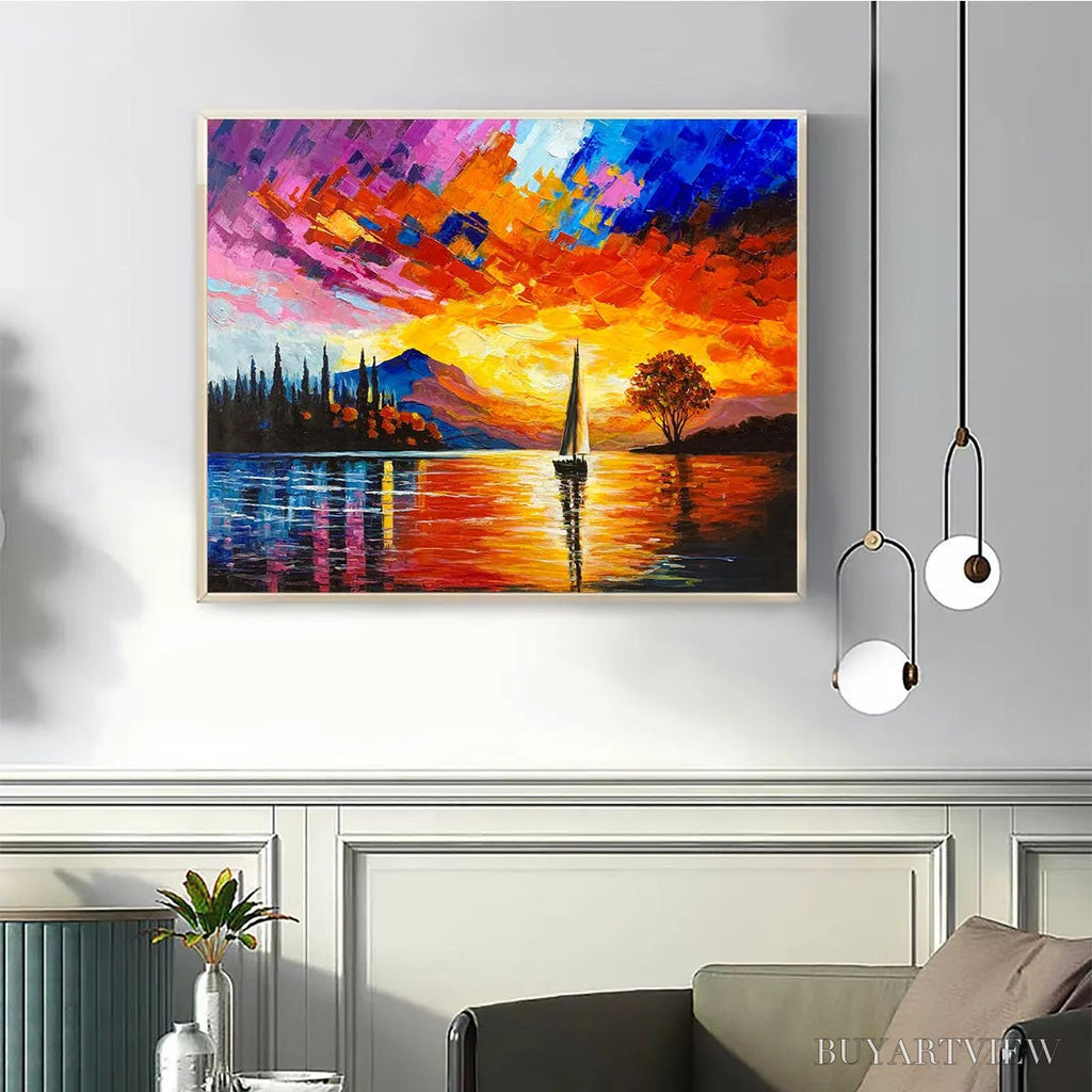 ARTOVITAS Sailing At Sunset – Square Impasto Landscape Painting of a Tranquil Lake - image 2