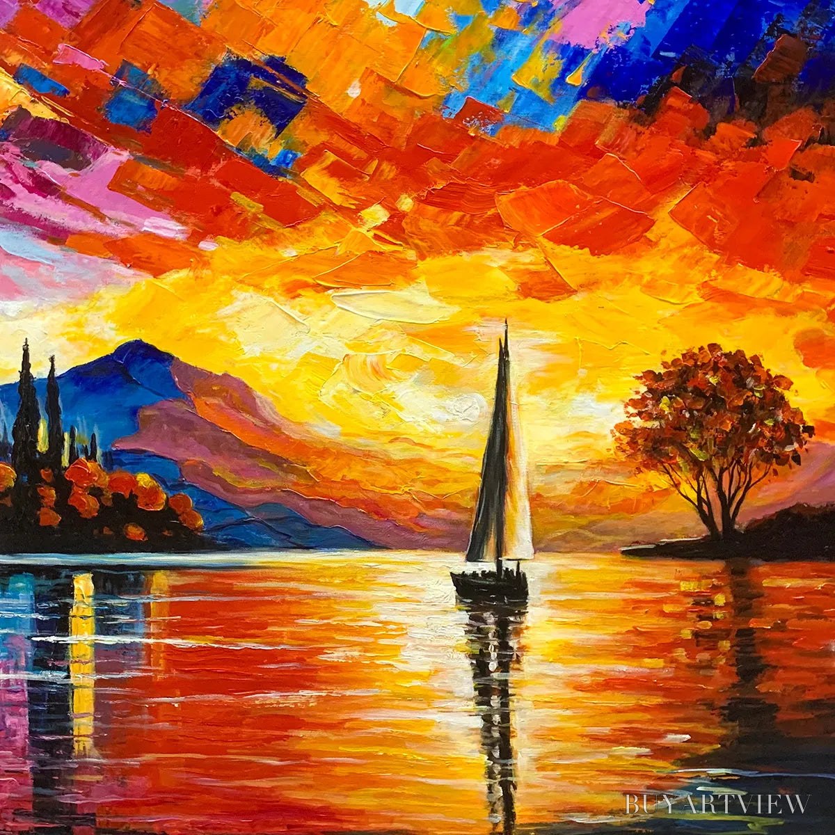ARTOVITAS Sailing At Sunset – Square Impasto Landscape Painting of a Tranquil Lake - image 3