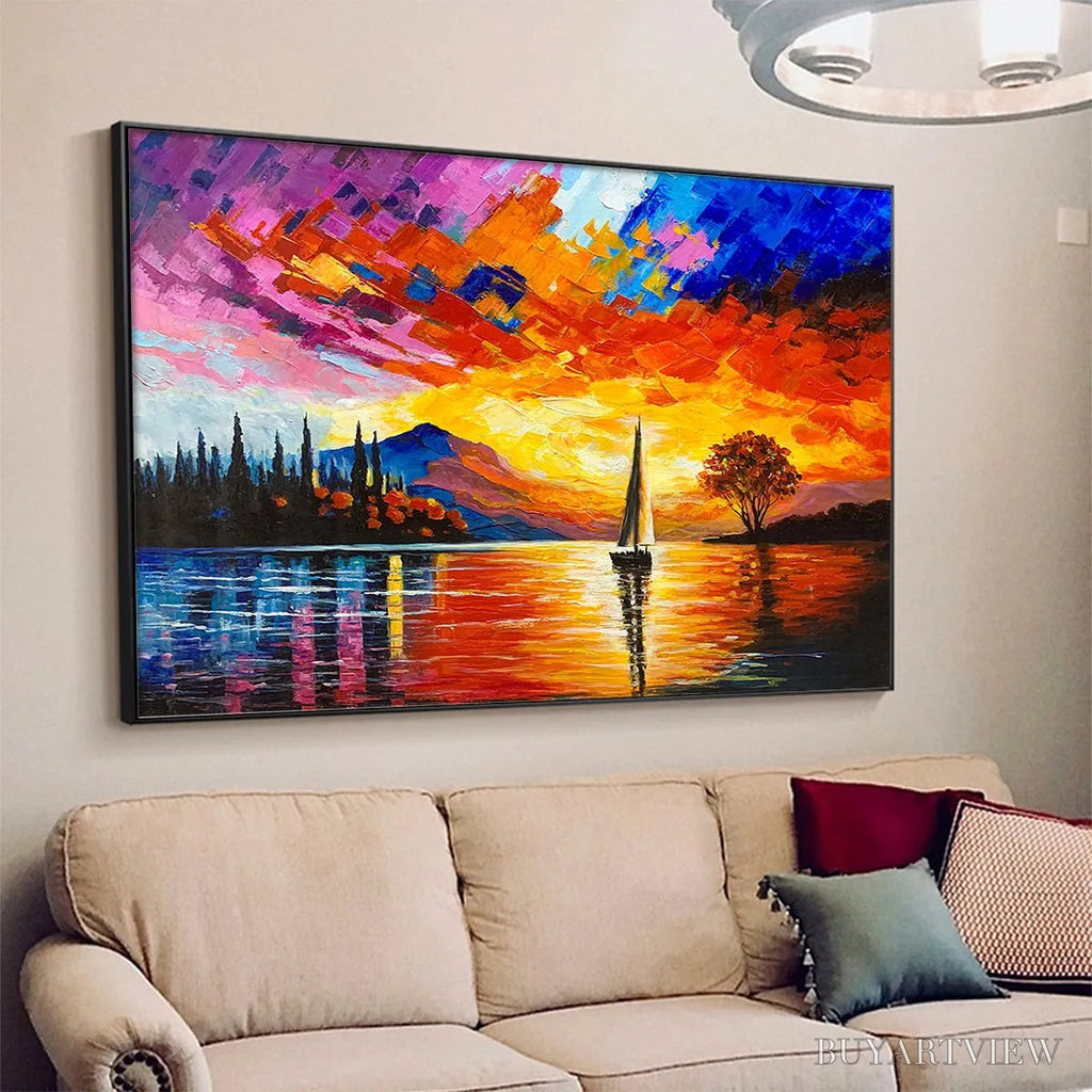 ARTOVITAS Sailing At Sunset – Square Impasto Landscape Painting of a Tranquil Lake - image 4